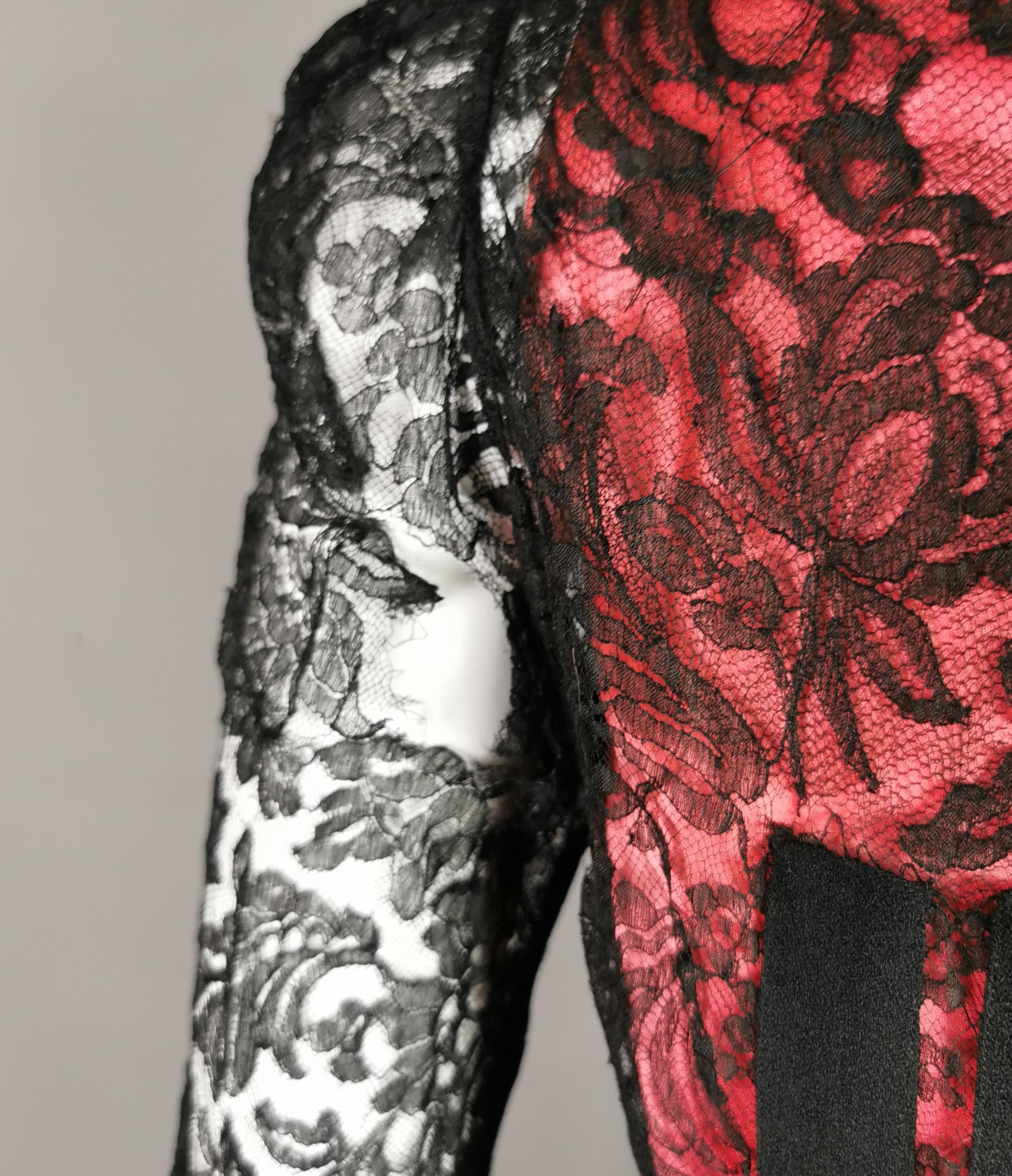 Vintage 1930's Black lace evening dress, Salmon pink slip  For Sale 9