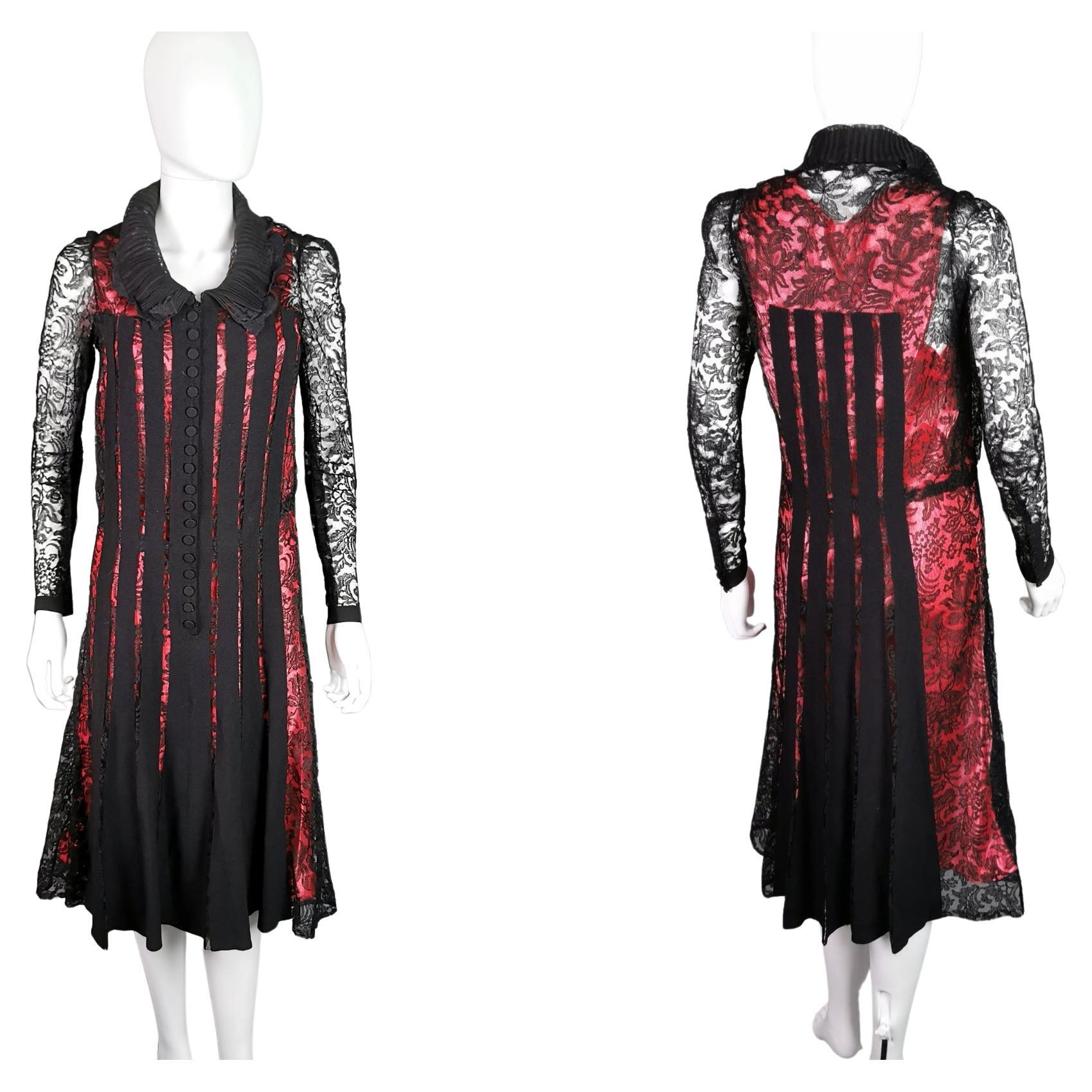 Vintage 1930's Black lace evening dress, Salmon pink slip  For Sale