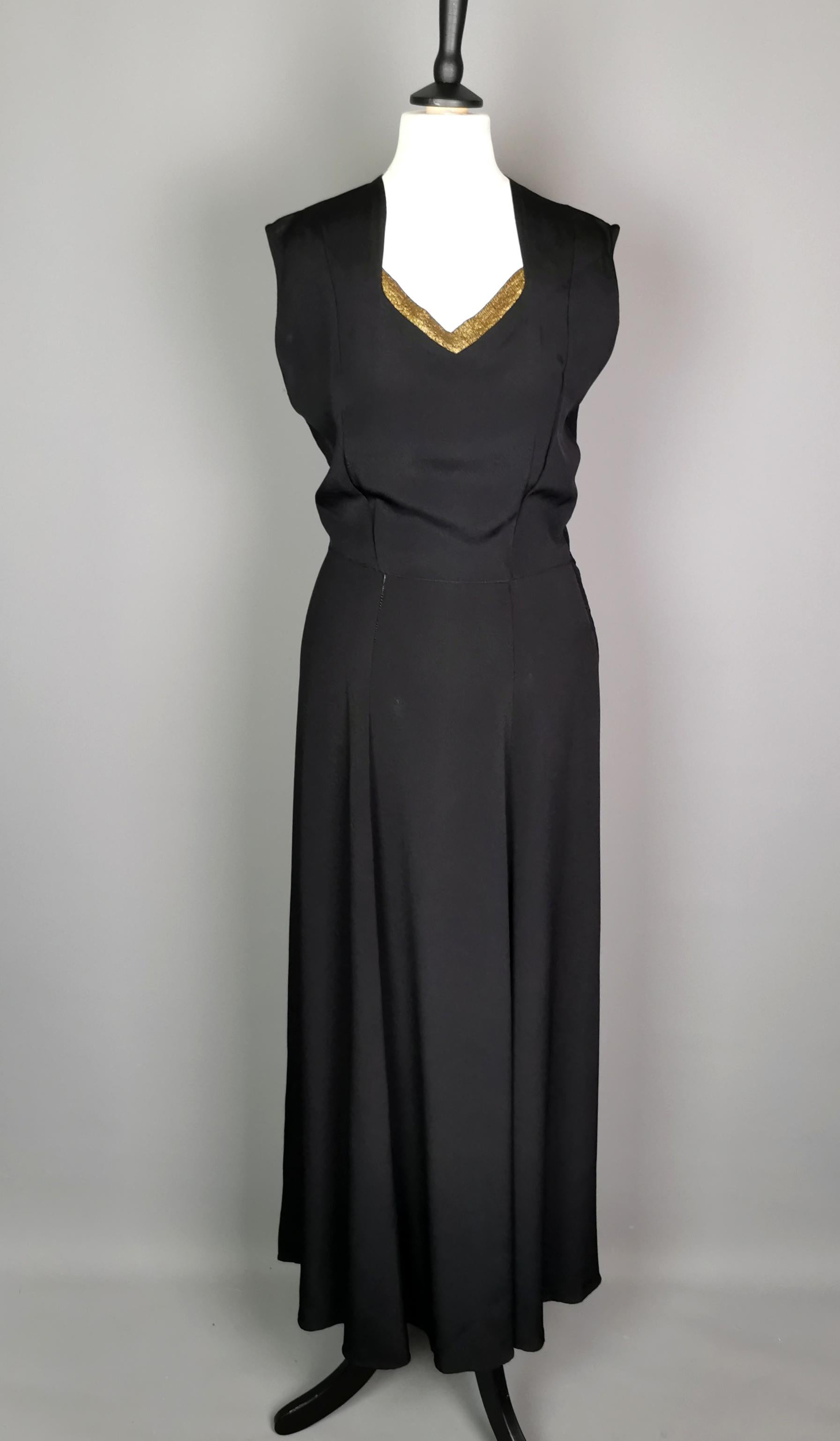 Vintage 1930s Black rayon crepe bombshell dress, gold lame, evening gown  For Sale 3
