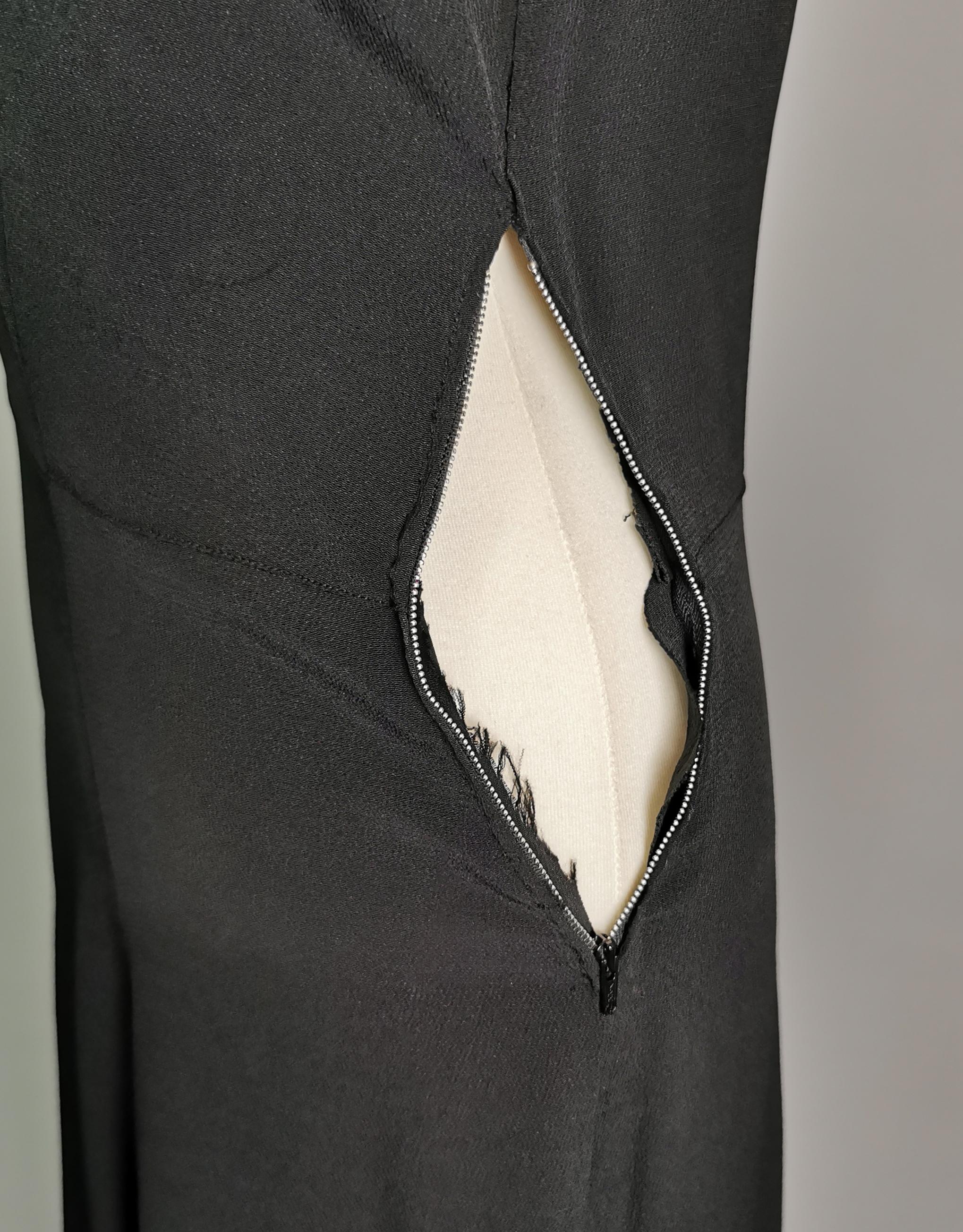 Vintage 1930s Black rayon crepe bombshell dress, gold lame, evening gown 6