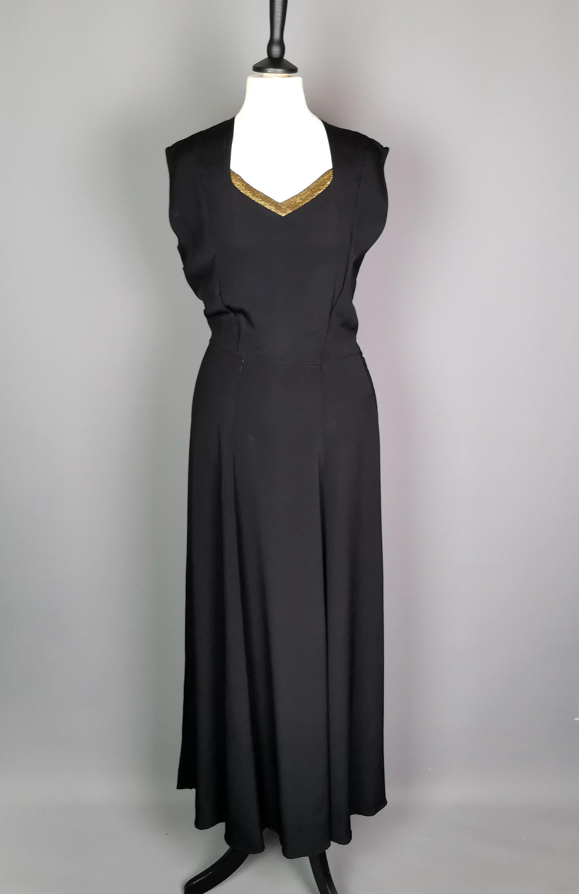 Women's Vintage 1930s Black rayon crepe bombshell dress, gold lame, evening gown  For Sale