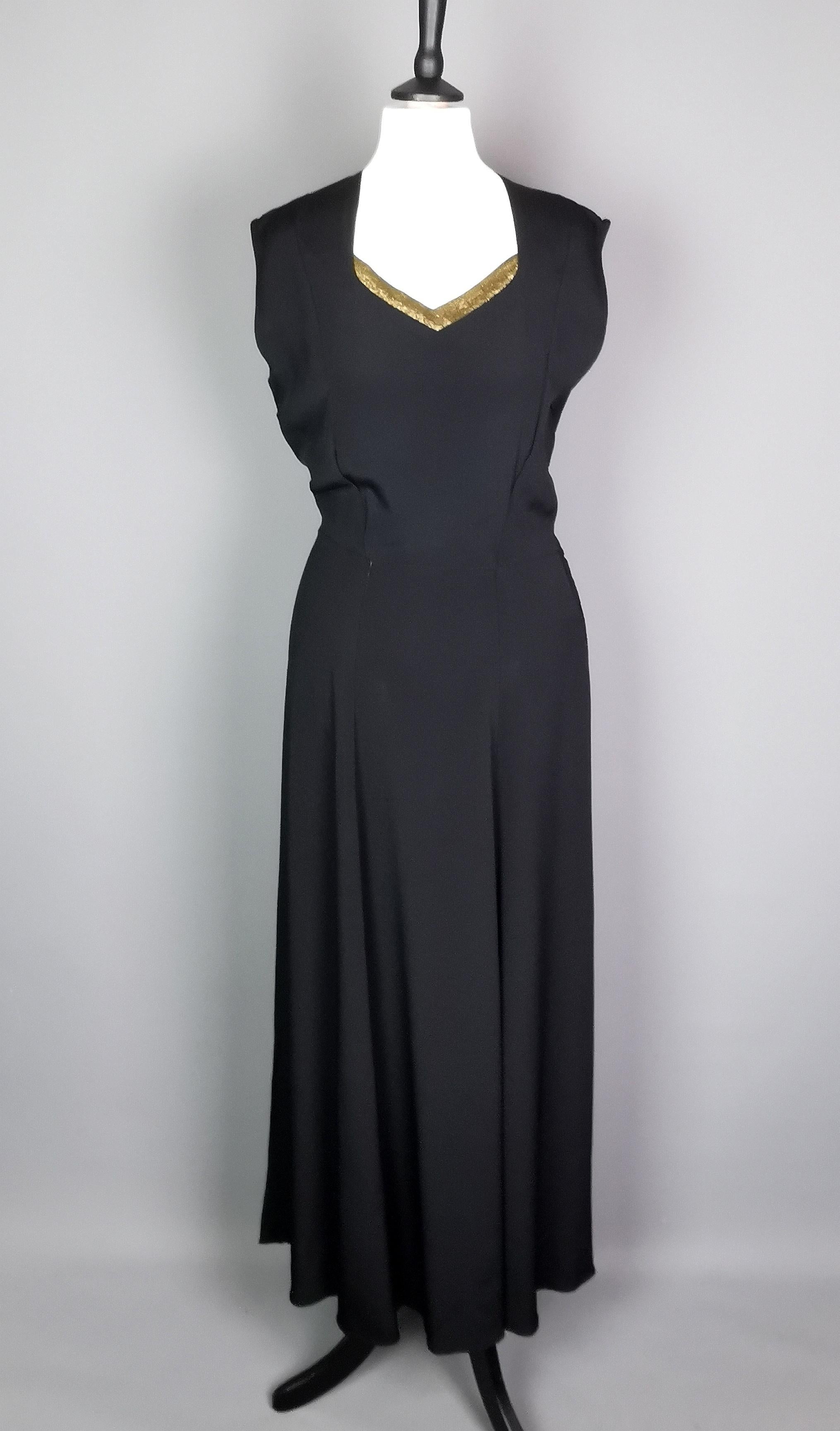 Vintage 1930s Black rayon crepe bombshell dress, gold lame, evening gown 1