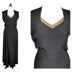 Vintage 1930s Black rayon crepe bombshell dress, gold lame, evening gown 