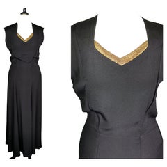 Used 1930s Black rayon crepe bombshell dress, gold lame, evening gown 