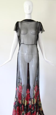 Vintage 1930s Black Silk Chiffon Floral evening Gown Tulips US 6 UK 10