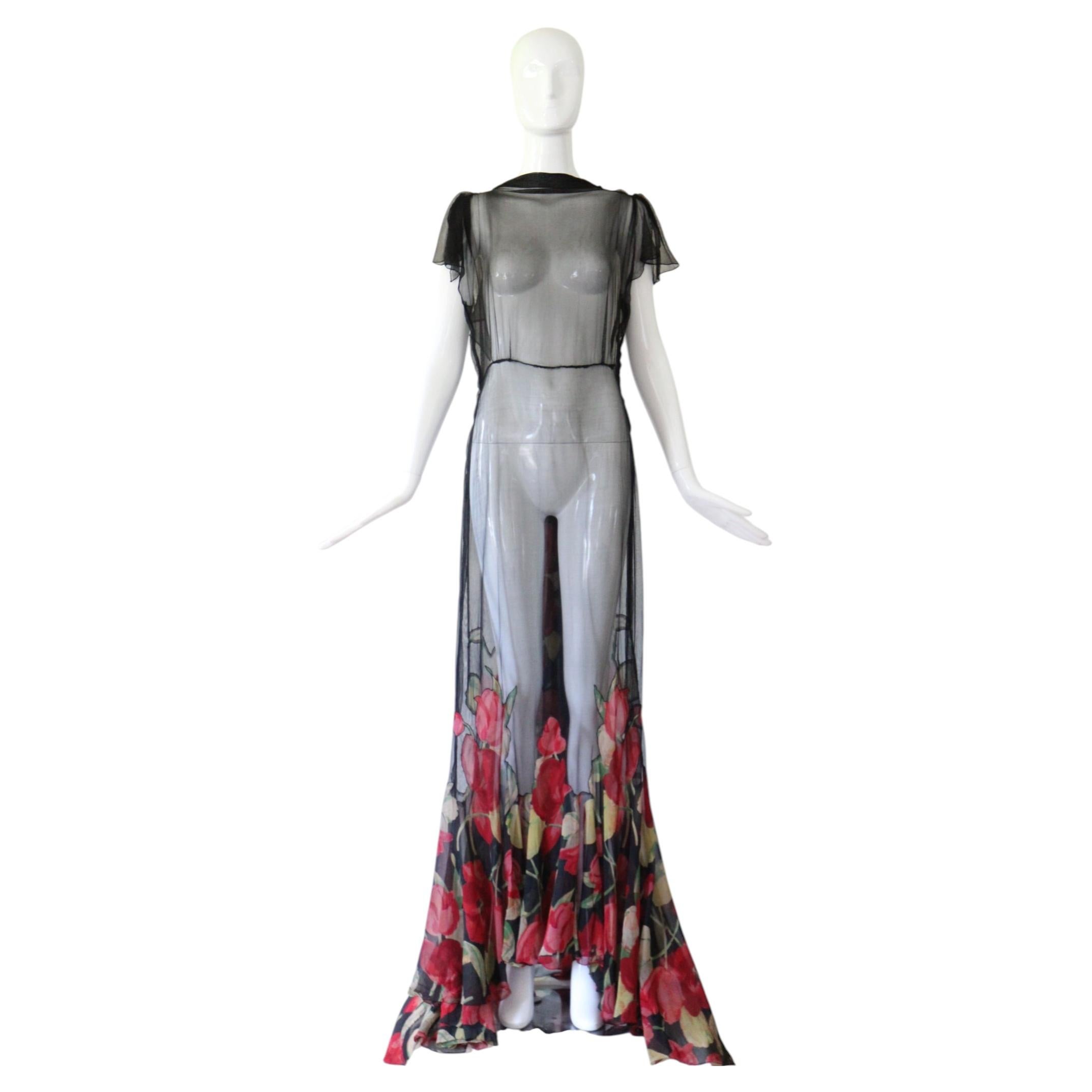 Robe de soirée vintage des années 1930 en mousseline de soie noire à motifs floraux, modèle « Tulipes », taille US 6 / UK 10