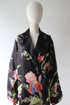 Vintage 1930's black silk floral iris print dressing gown 1940's lingerie