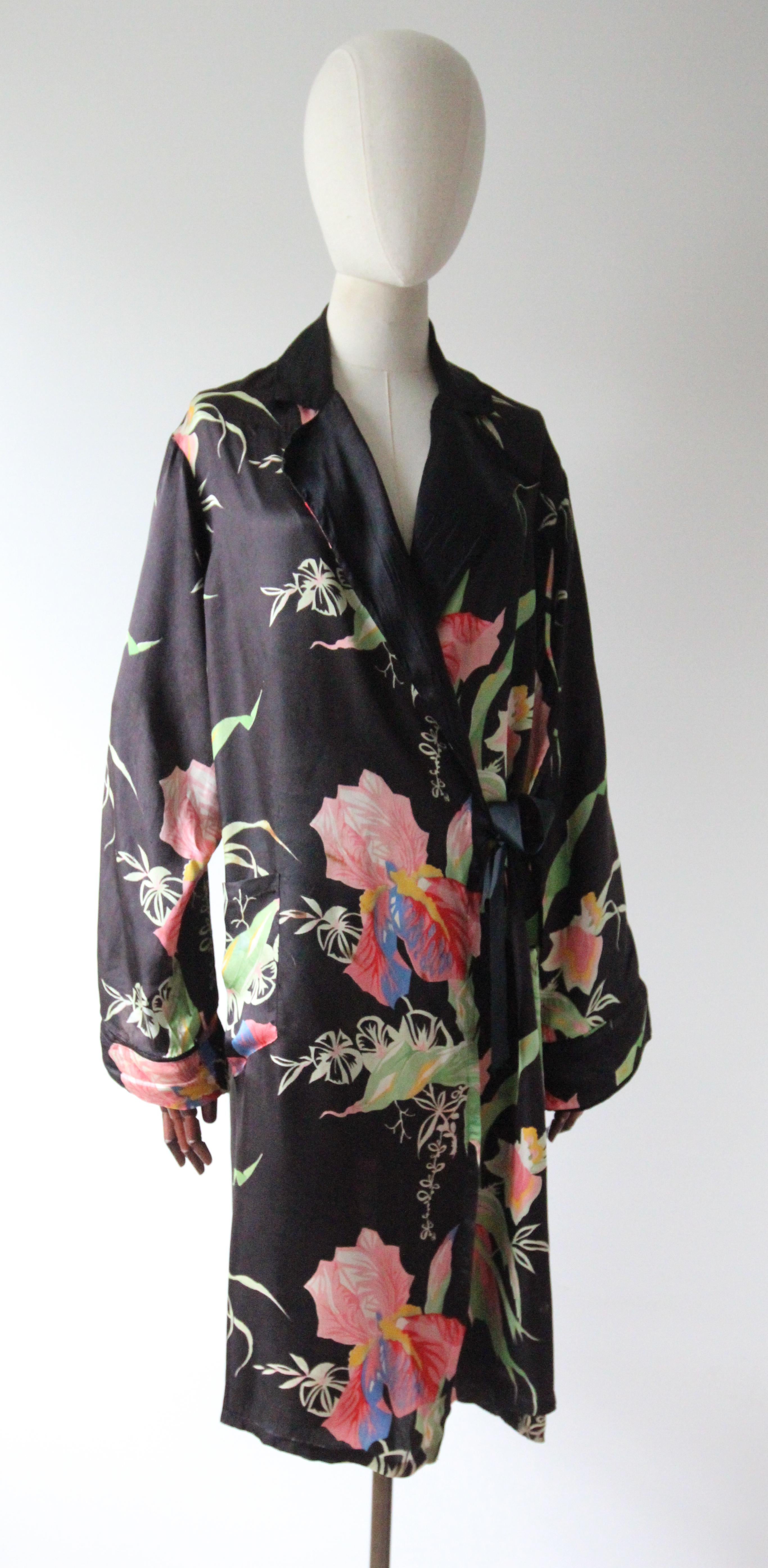 Black Vintage 1930's black silk floral iris print dressing gown 1940's lingerie
