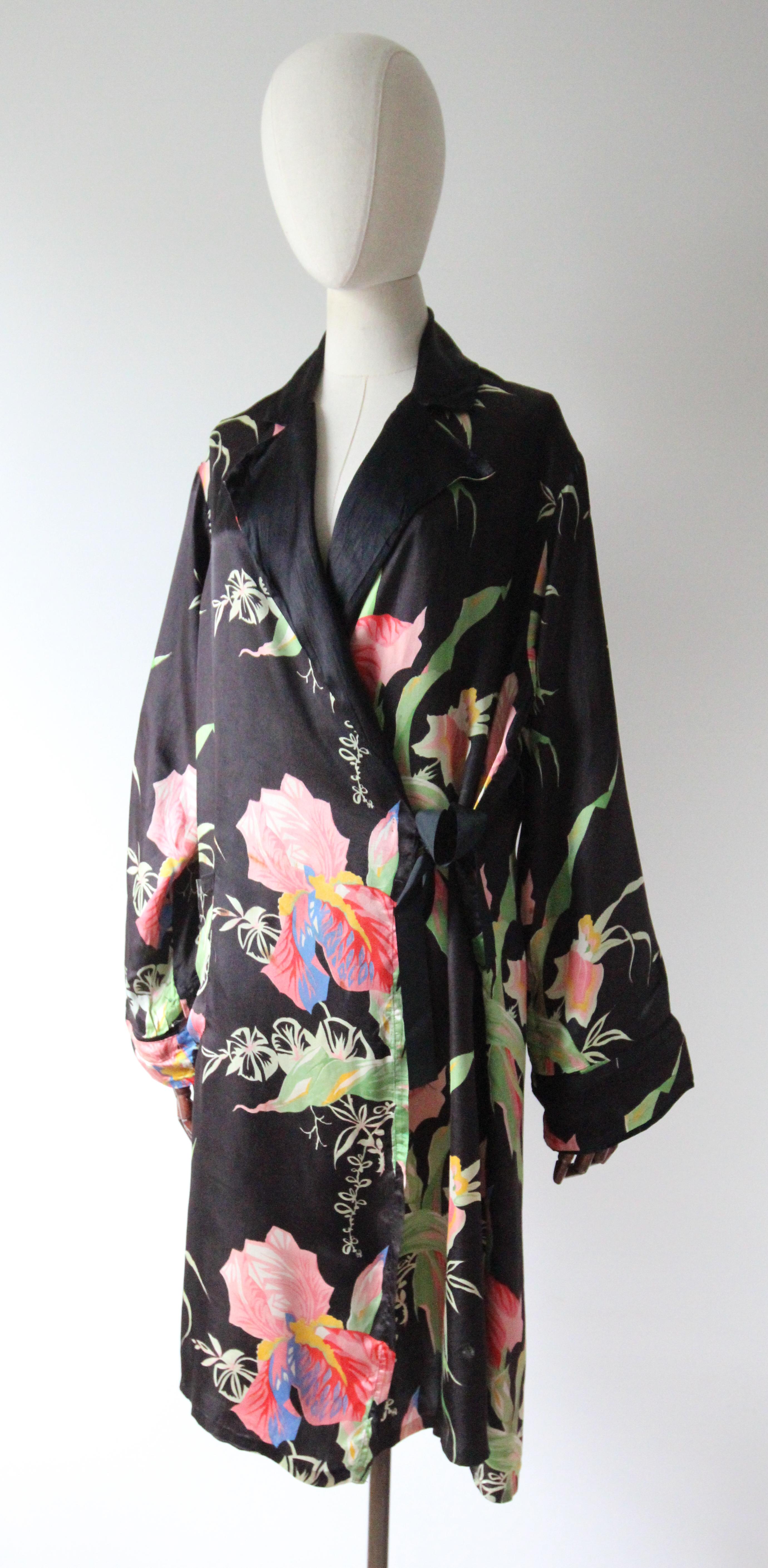 Women's Vintage 1930's black silk floral iris print dressing gown 1940's lingerie