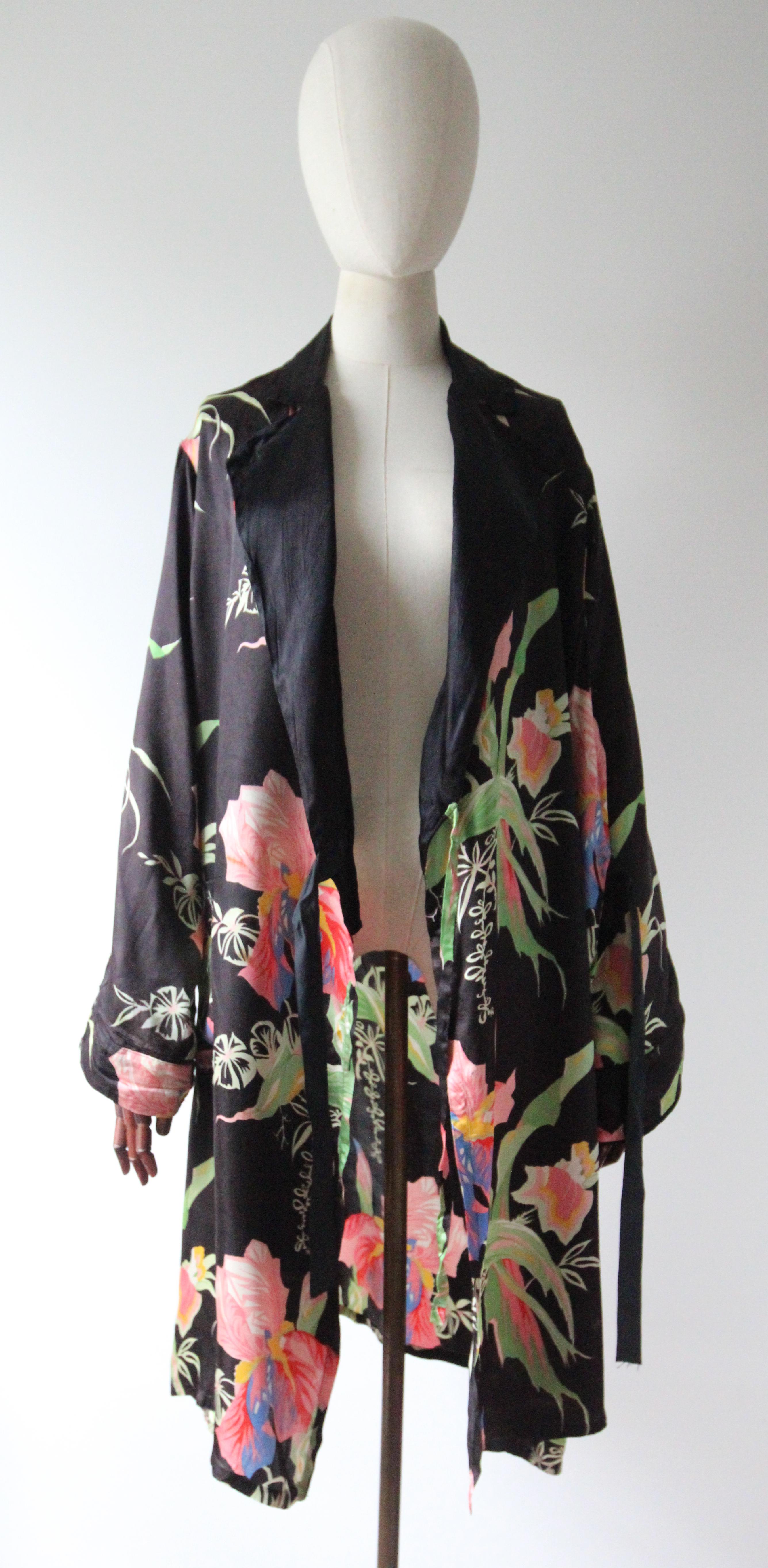 Vintage 1930's black silk floral iris print dressing gown 1940's lingerie 3