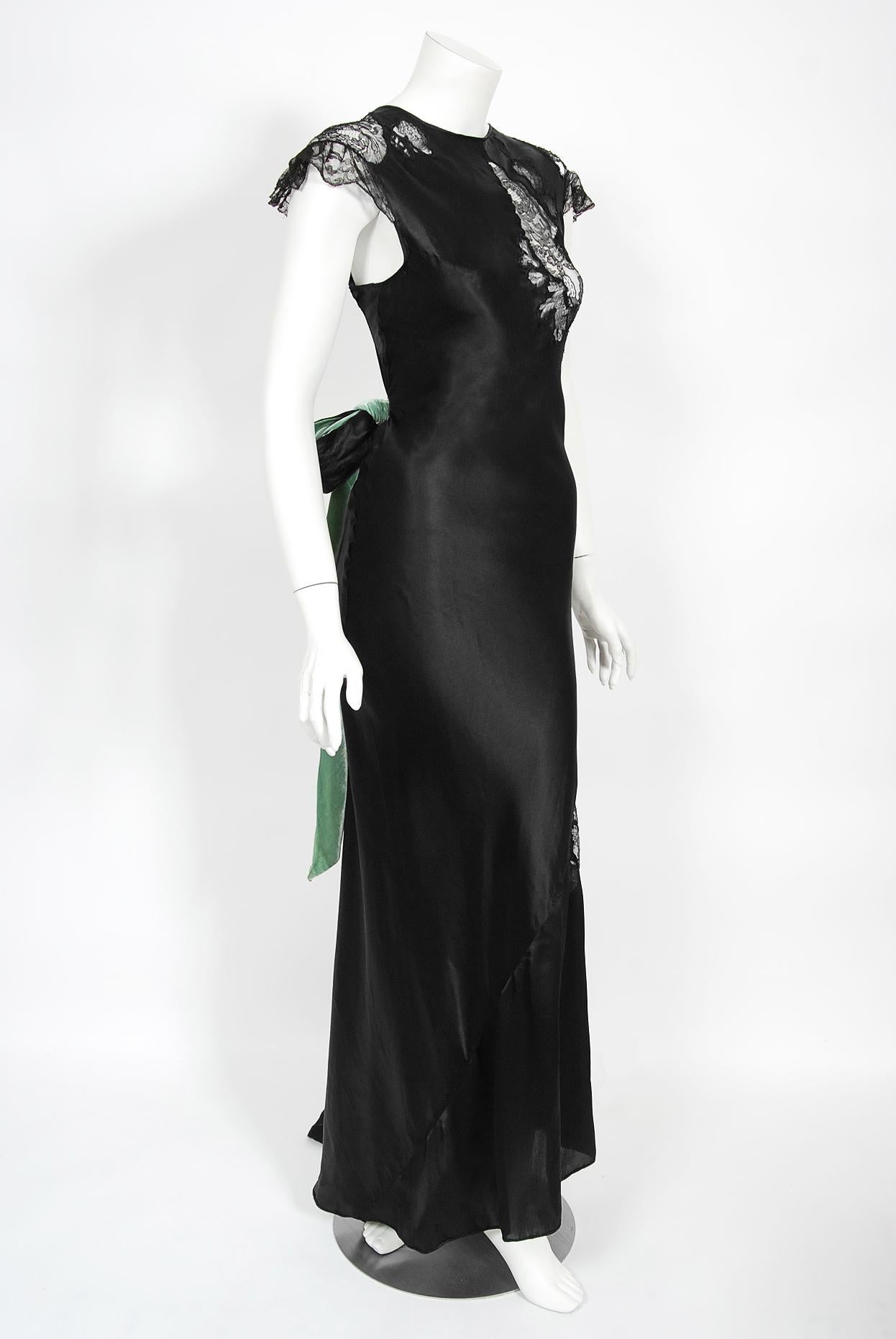 Vintage 1930's Black Silk & Sheer Lace Cut Outs Hourglass Bias-Cut Trained Gown  9