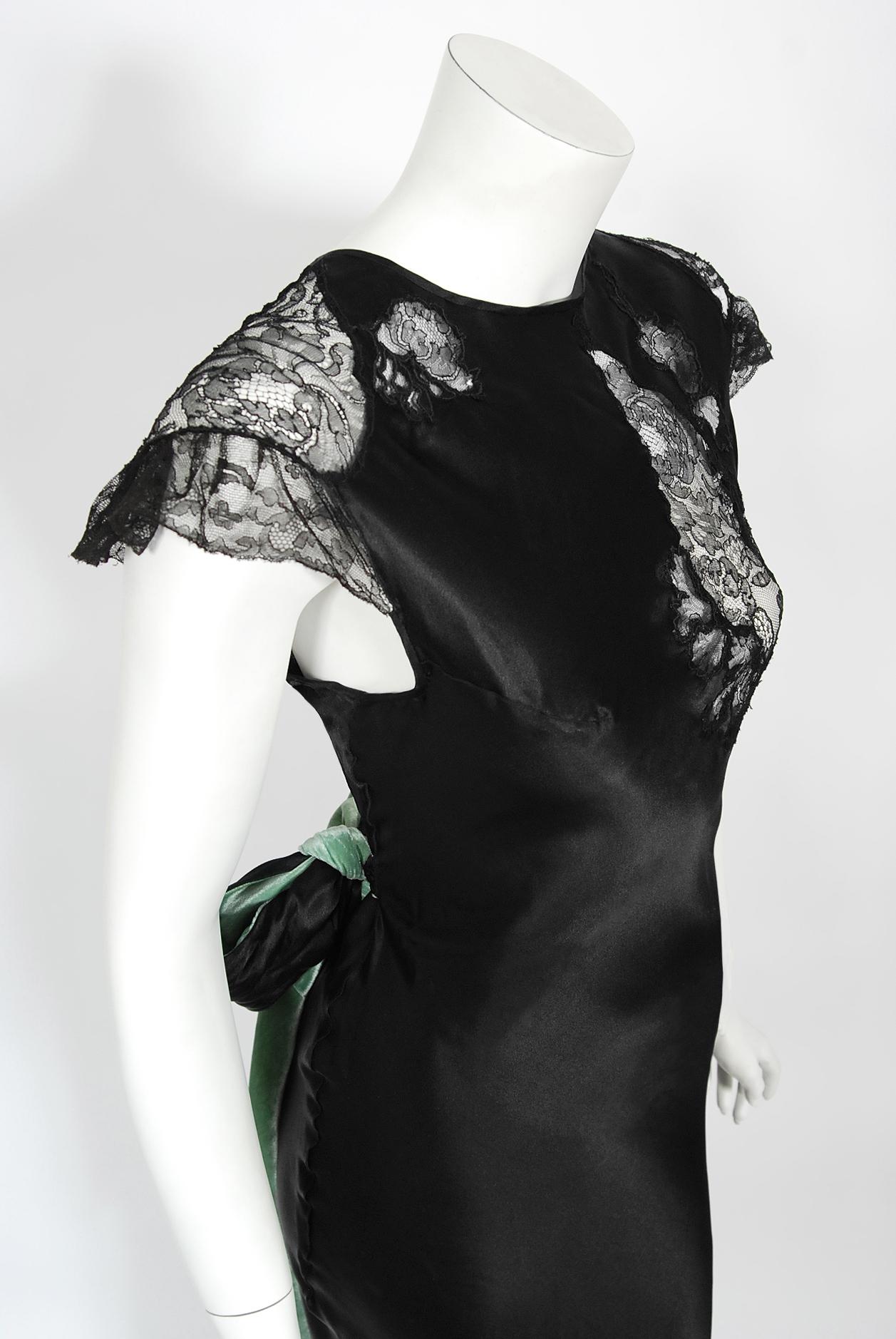 Vintage 1930's Black Silk & Sheer Lace Cut Outs Hourglass Bias-Cut Trained Gown  10