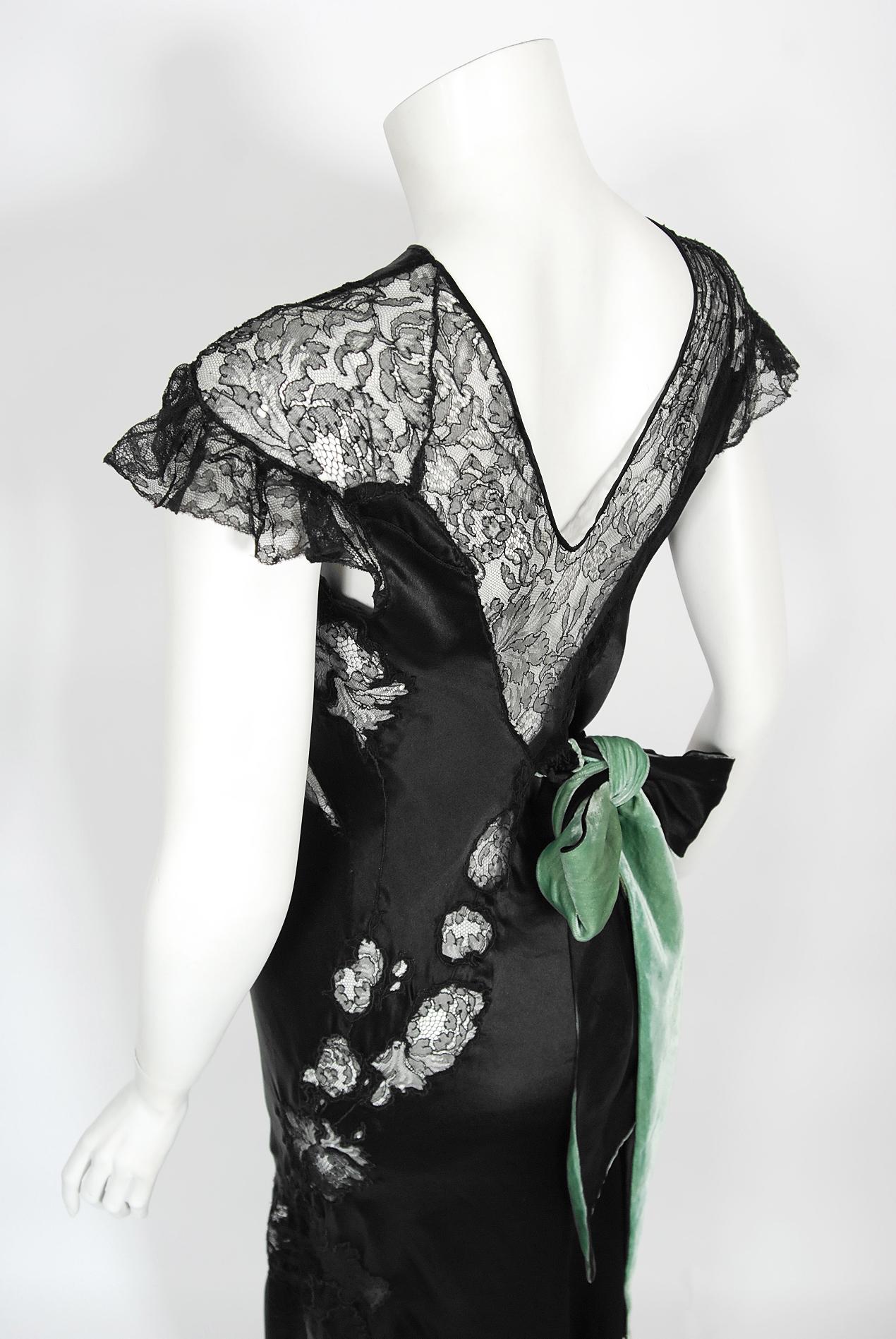 Vintage 1930's Black Silk & Sheer Lace Cut Outs Hourglass Bias-Cut Trained Gown  11