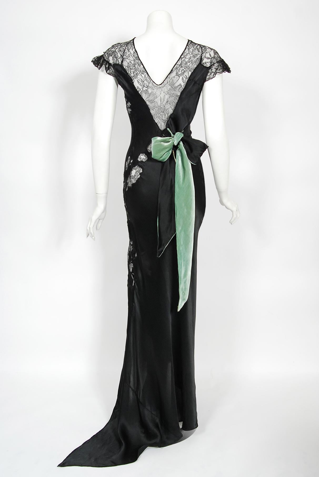 Vintage 1930's Black Silk & Sheer Lace Cut Outs Hourglass Bias-Cut Trained Gown  12