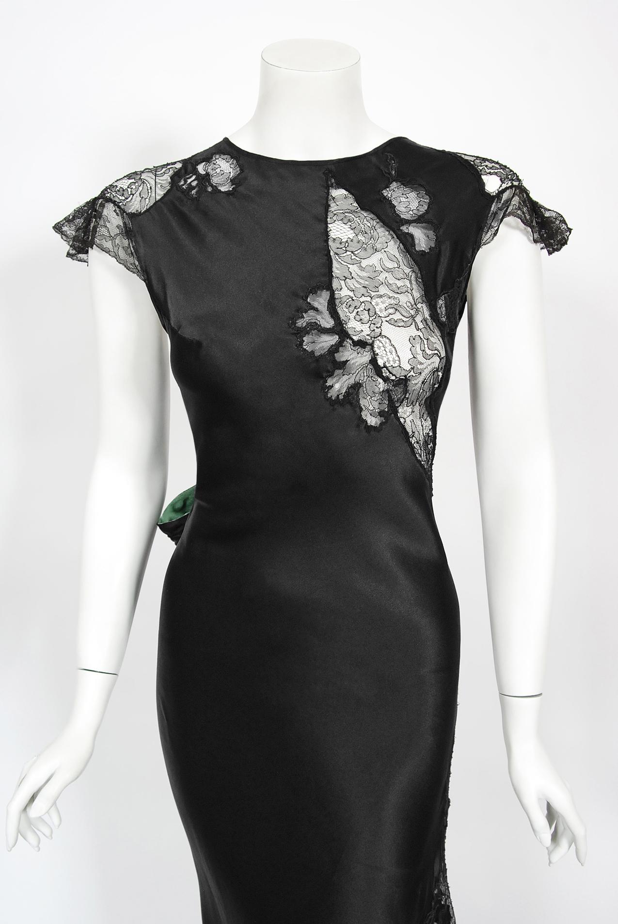 Vintage 1930's Black Silk & Sheer Lace Cut Outs Hourglass Bias-Cut Trained Gown  In Good Condition In Beverly Hills, CA