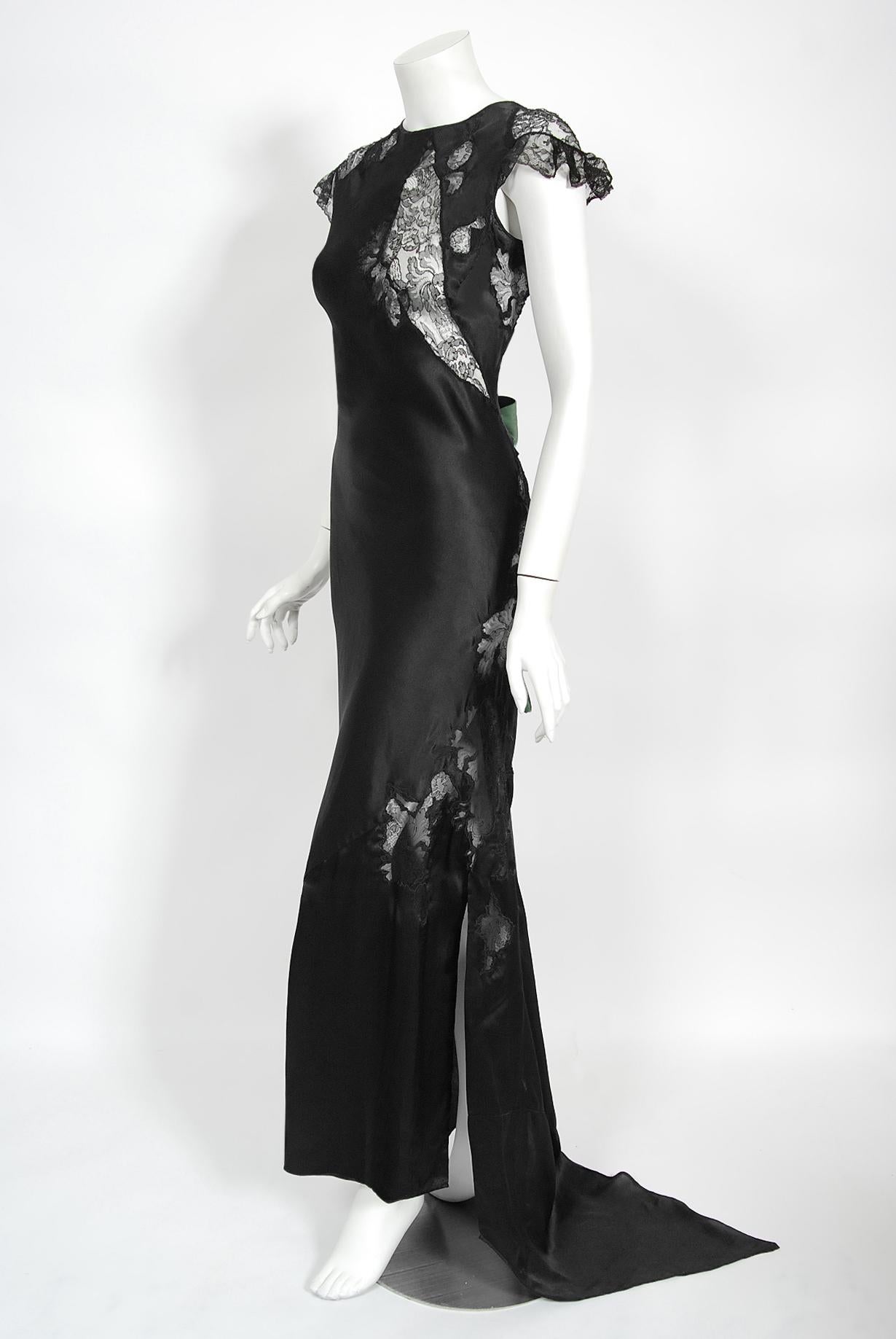 Vintage 1930's Black Silk & Sheer Lace Cut Outs Hourglass Bias-Cut Trained Gown  2