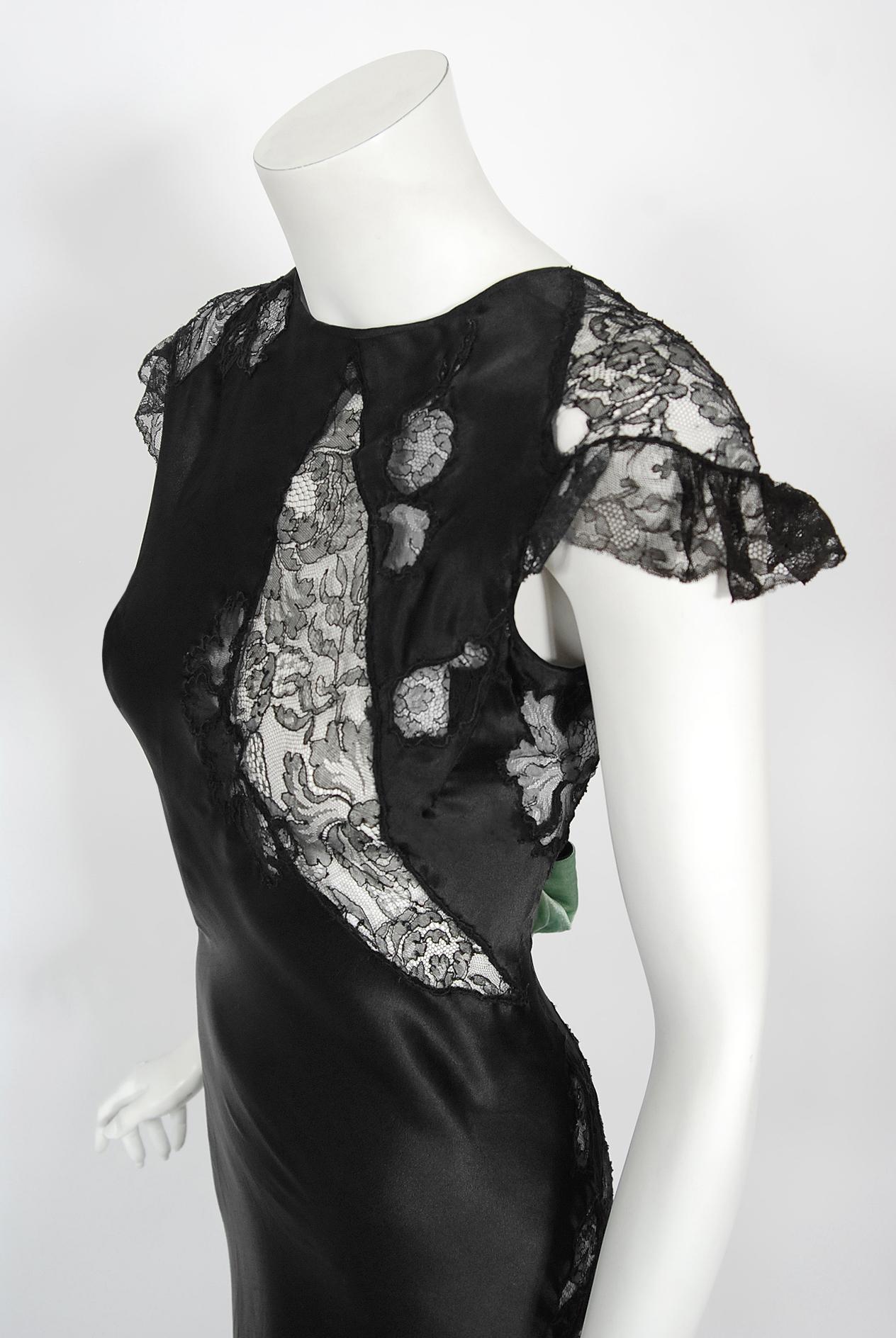 Vintage 1930's Black Silk & Sheer Lace Cut Outs Hourglass Bias-Cut Trained Gown  3