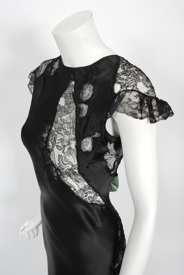 XS 1930s Old Hollywood Silk Gown Lace Black Ivory Panels Summer Sheer Flowy Sweeping Gown