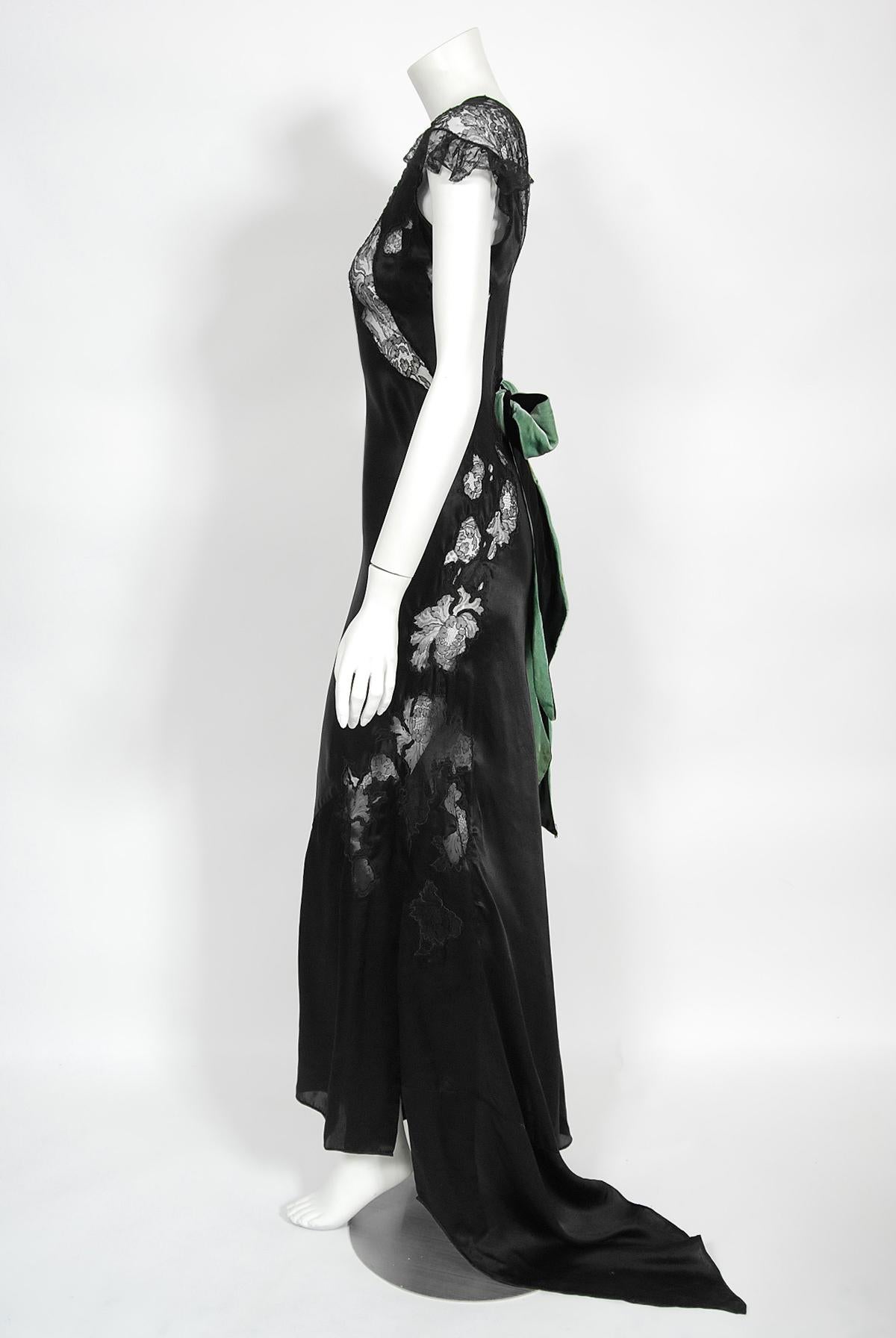 Vintage 1930's Black Silk & Sheer Lace Cut Outs Hourglass Bias-Cut Trained Gown  5