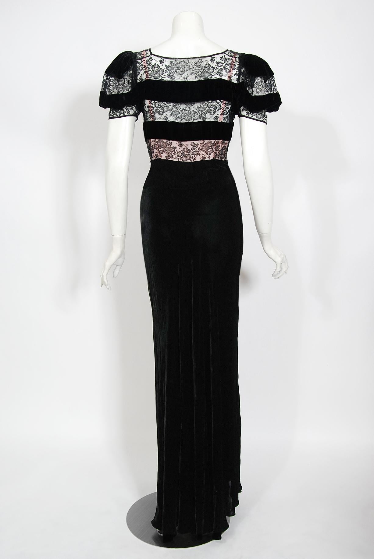 Vintage 1930's Black Silk Velvet & Lace Sheer Illusion Puff Sleeve Bias-Cut Gown 6