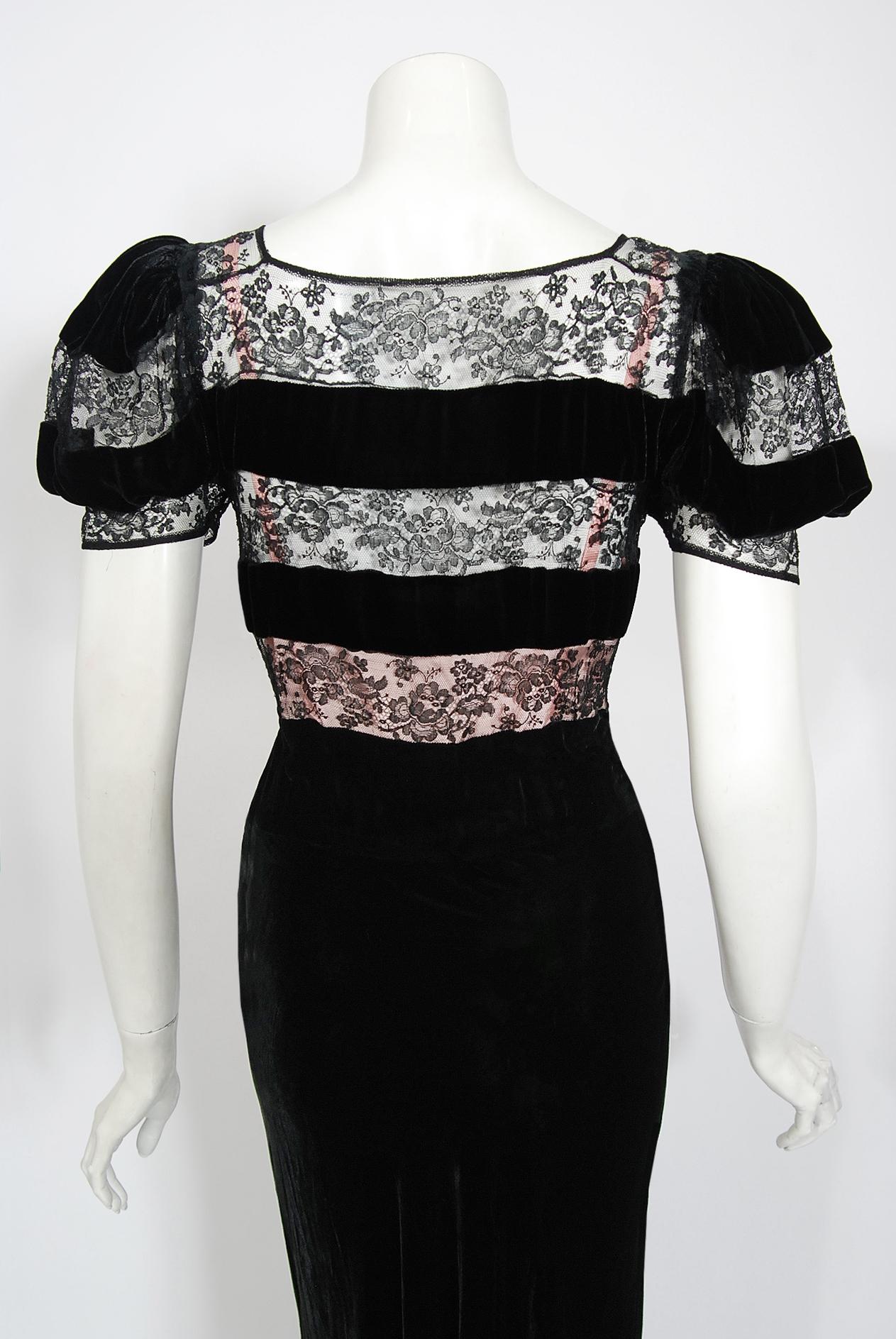 Vintage 1930's Black Silk Velvet & Lace Sheer Illusion Puff Sleeve Bias-Cut Gown 7