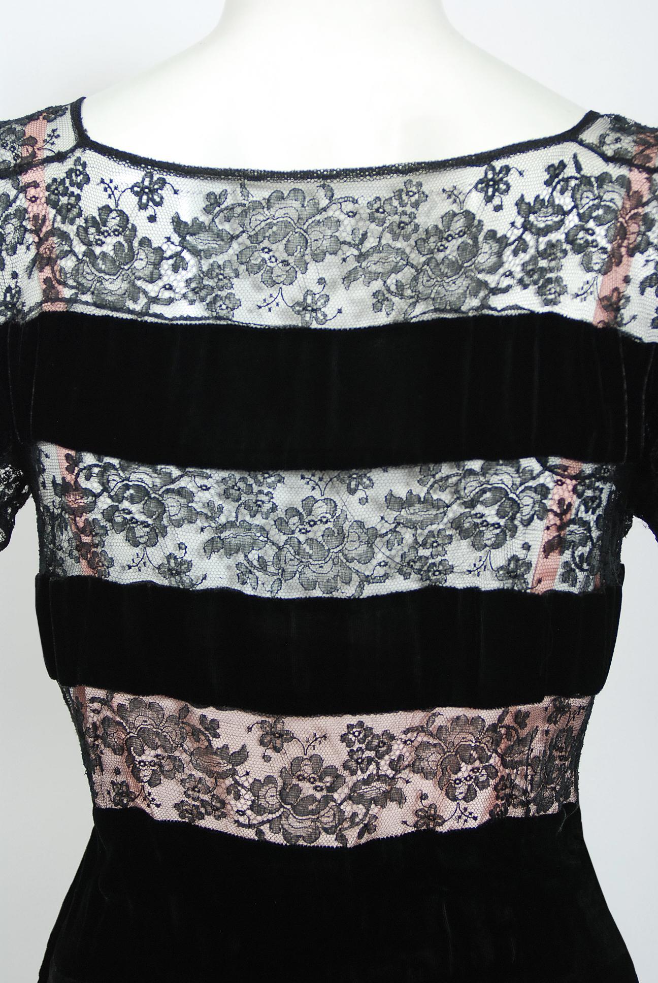 Vintage 1930's Black Silk Velvet & Lace Sheer Illusion Puff Sleeve Bias-Cut Gown 8