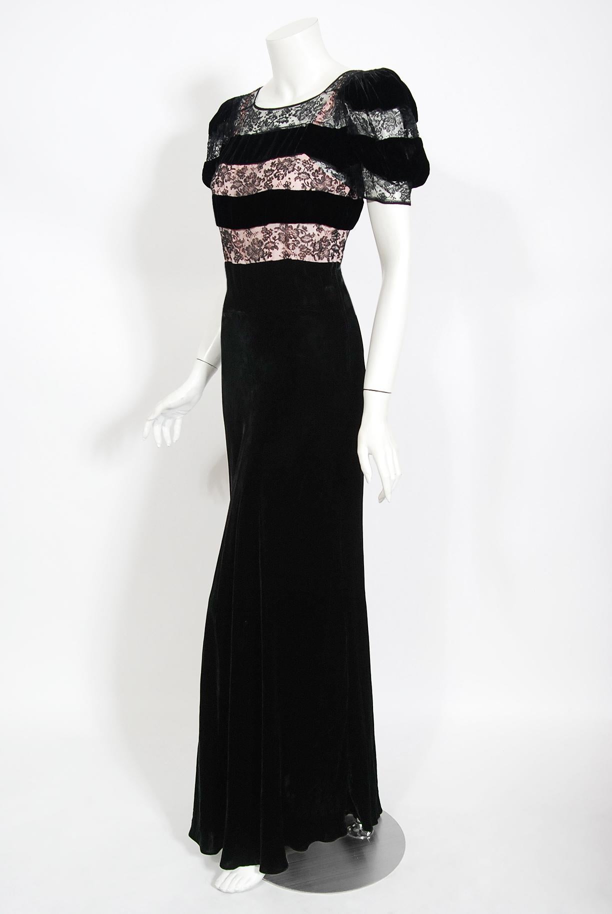 Vintage 1930's Black Silk Velvet & Lace Sheer Illusion Puff Sleeve Bias-Cut Gown In Good Condition In Beverly Hills, CA