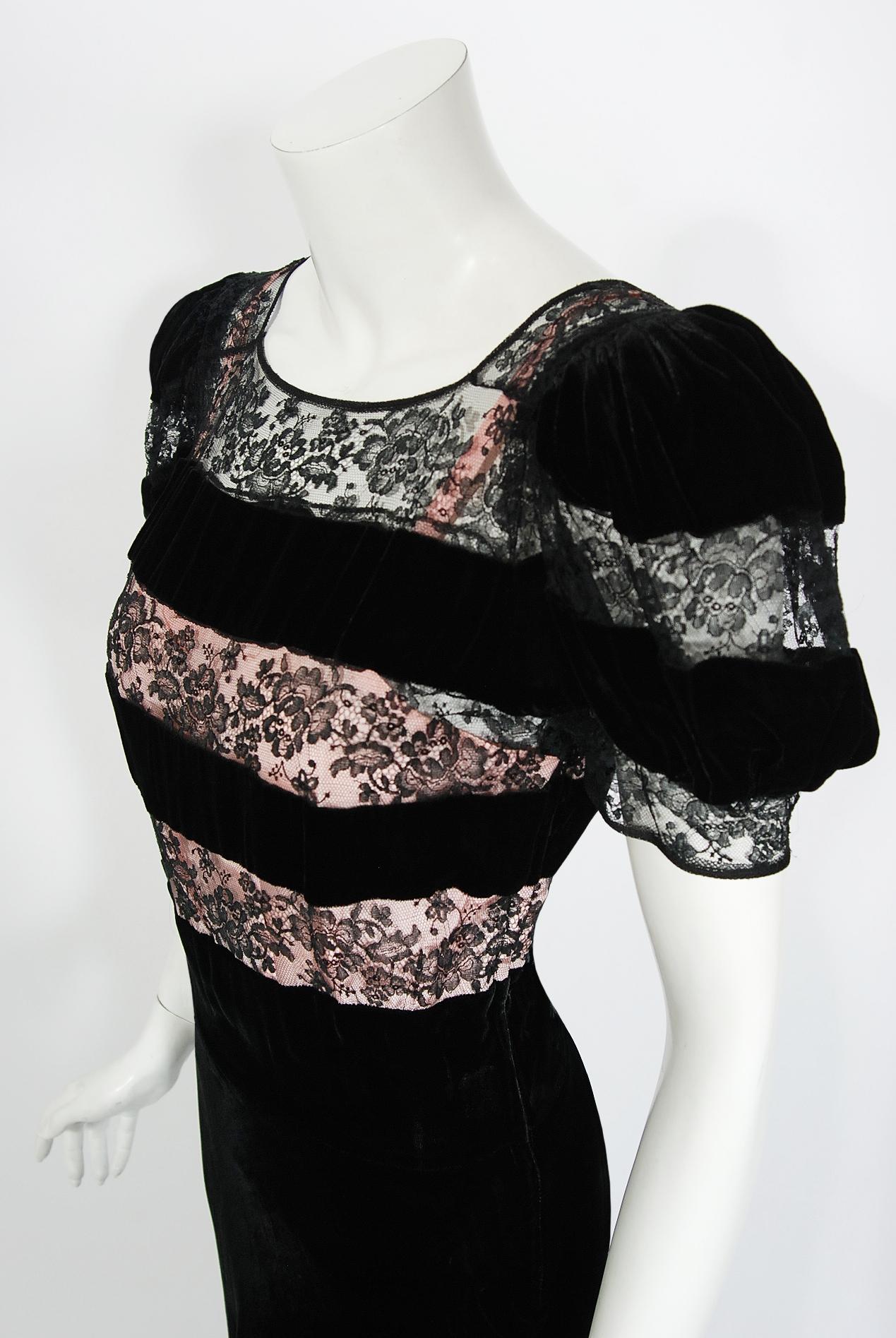 Women's Vintage 1930's Black Silk Velvet & Lace Sheer Illusion Puff Sleeve Bias-Cut Gown