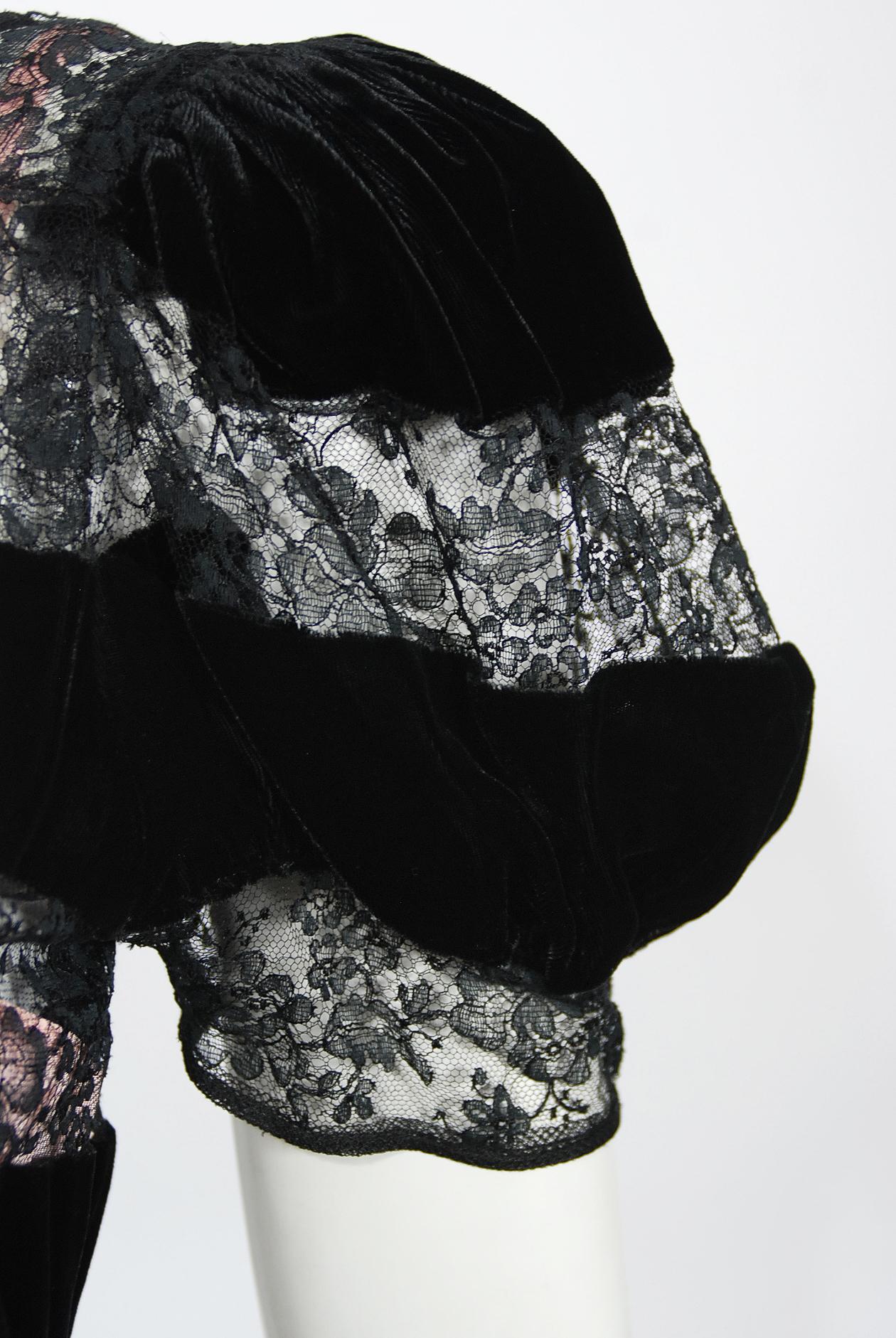 Vintage 1930's Black Silk Velvet & Lace Sheer Illusion Puff Sleeve Bias-Cut Gown 1