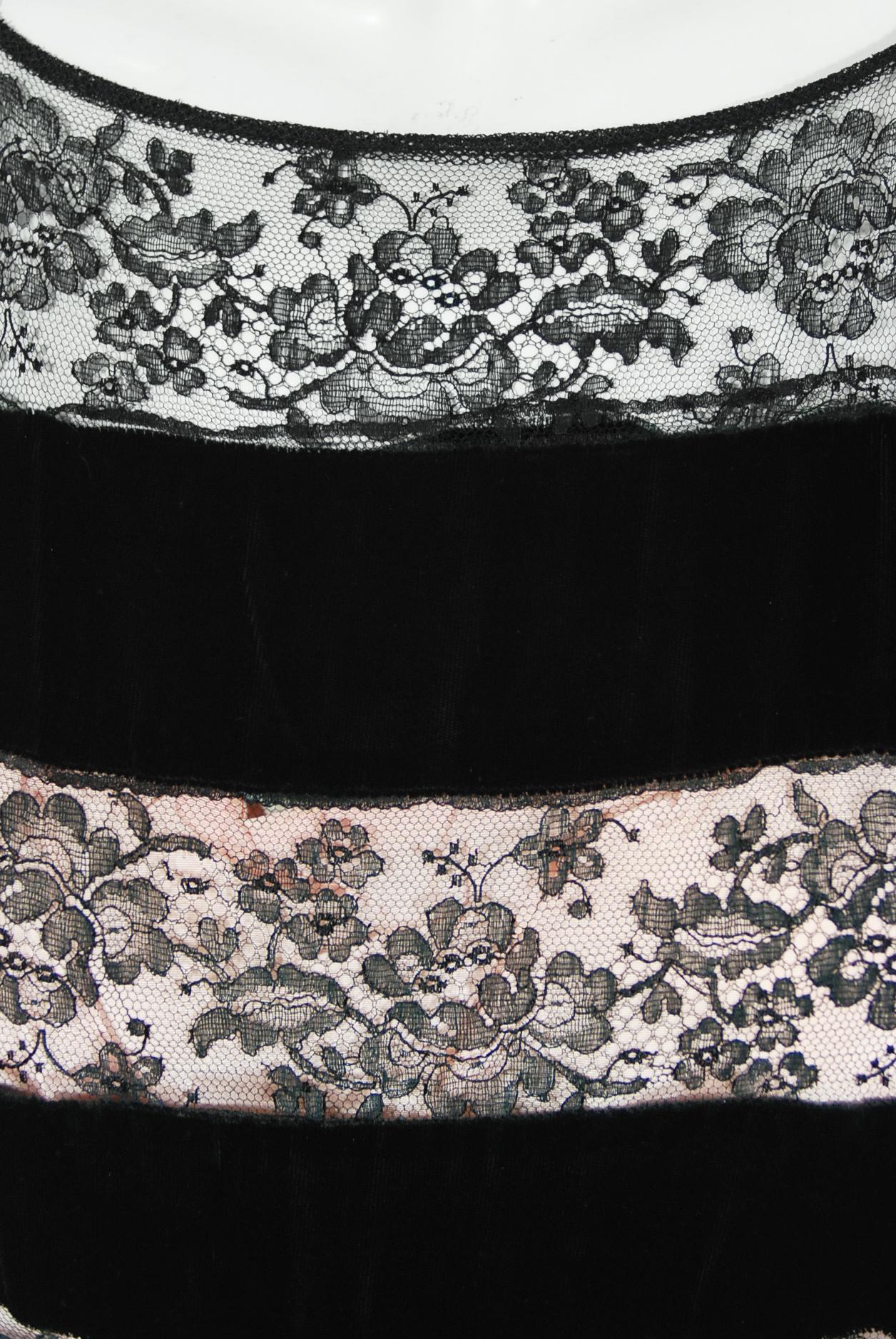Vintage 1930's Black Silk Velvet & Lace Sheer Illusion Puff Sleeve Bias-Cut Gown 2