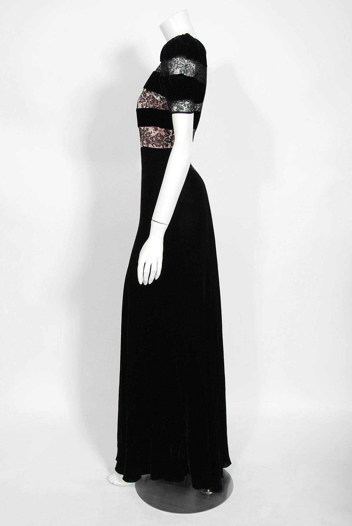 Vintage 1930's Black Silk Velvet & Lace Sheer Illusion Puff Sleeve Bias-Cut Gown 3