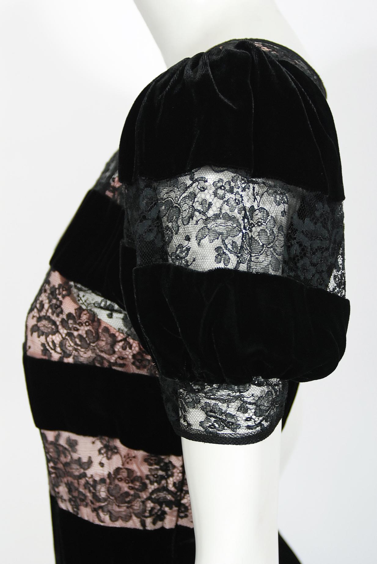 Vintage 1930's Black Silk Velvet & Lace Sheer Illusion Puff Sleeve Bias-Cut Gown 4