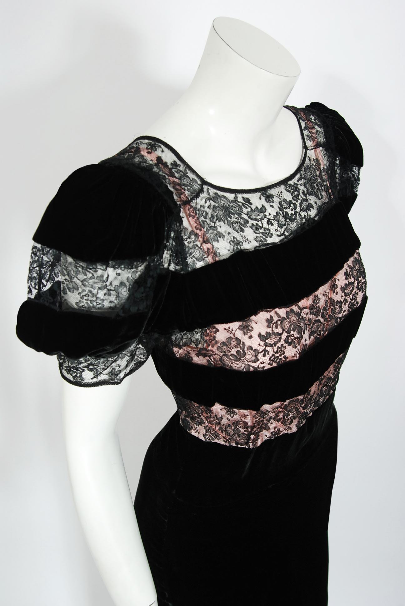 Vintage 1930's Black Silk Velvet & Lace Sheer Illusion Puff Sleeve Bias-Cut Gown 5