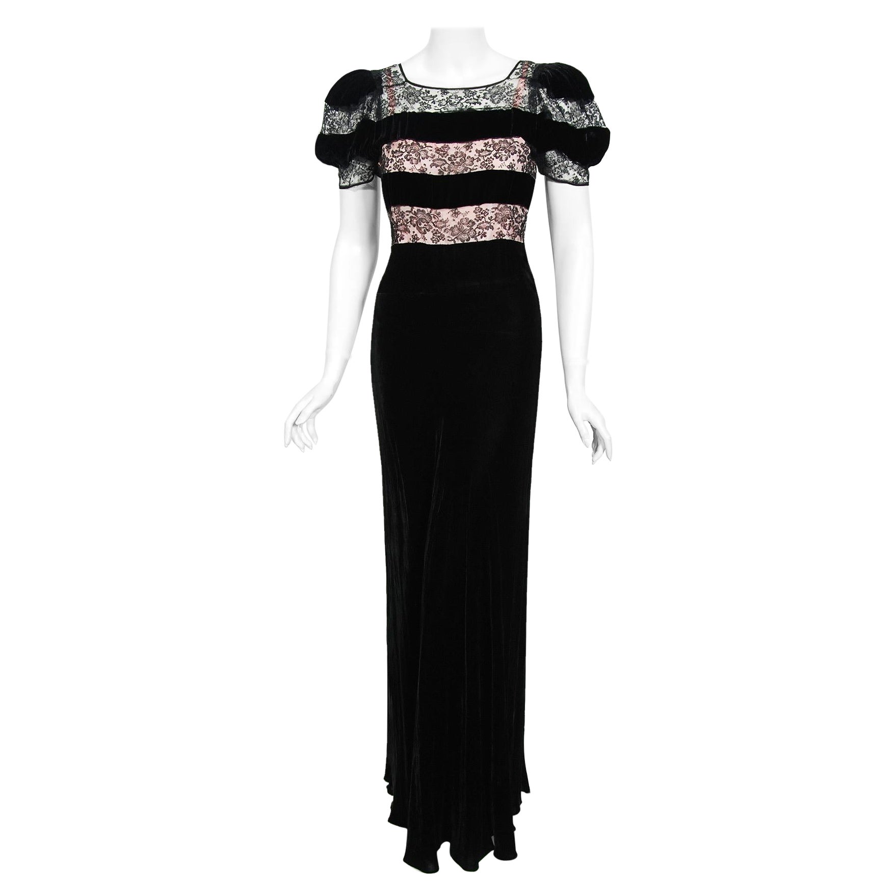 Vintage 1930
s Black Silk Velvet 
Lace Sheer Illusion Puff Sleeve Bias-Cut Gown