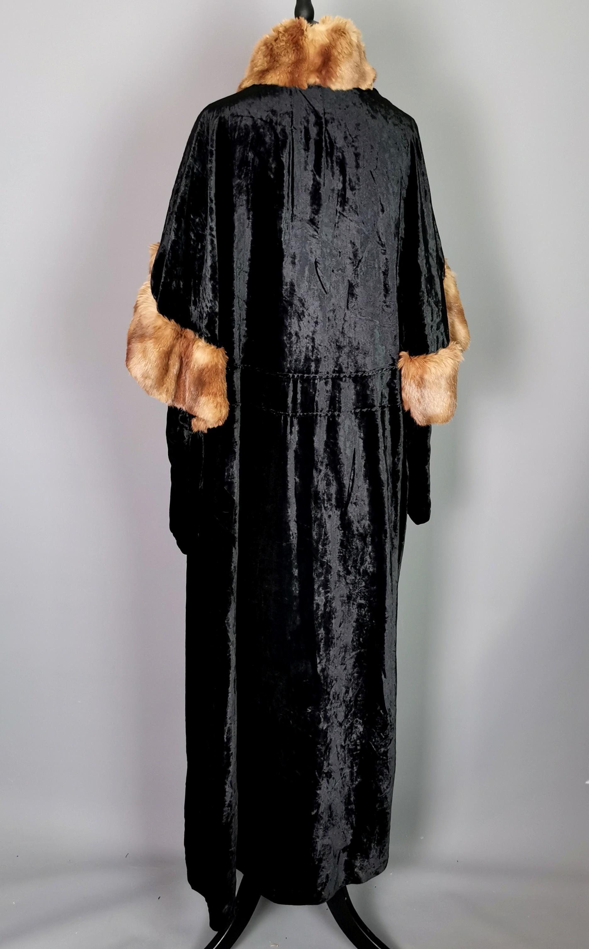 Vintage 1930's Black silk velvet opera cape, caped sleeve, Mink fur trim  4