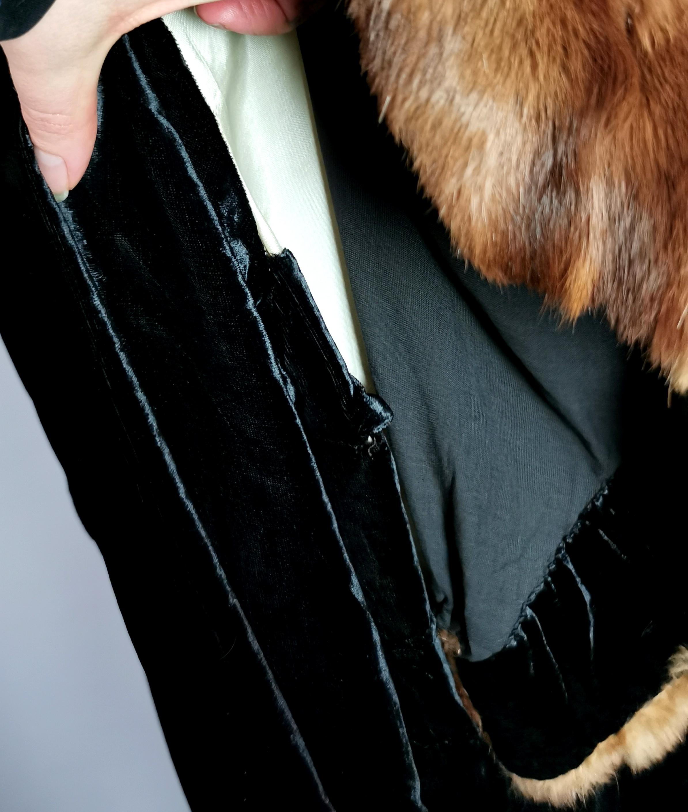 Vintage 1930's Black silk velvet opera cape, caped sleeve, Mink fur trim  12