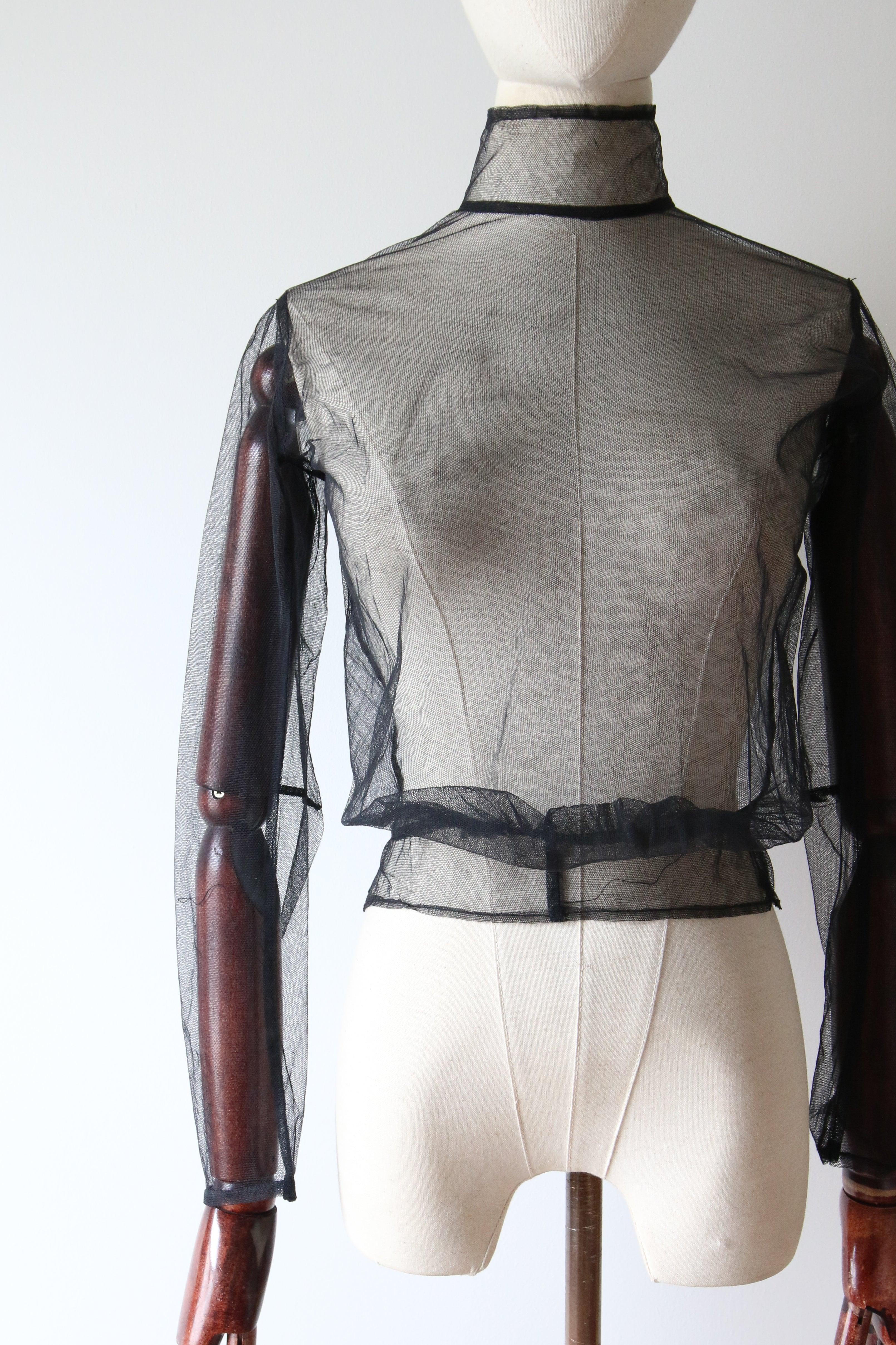 Vintage 1930's Black Tulle Sheer Blouse Mandarin Collar Blouse UK 6 US 2 In Good Condition For Sale In Cheltenham, GB