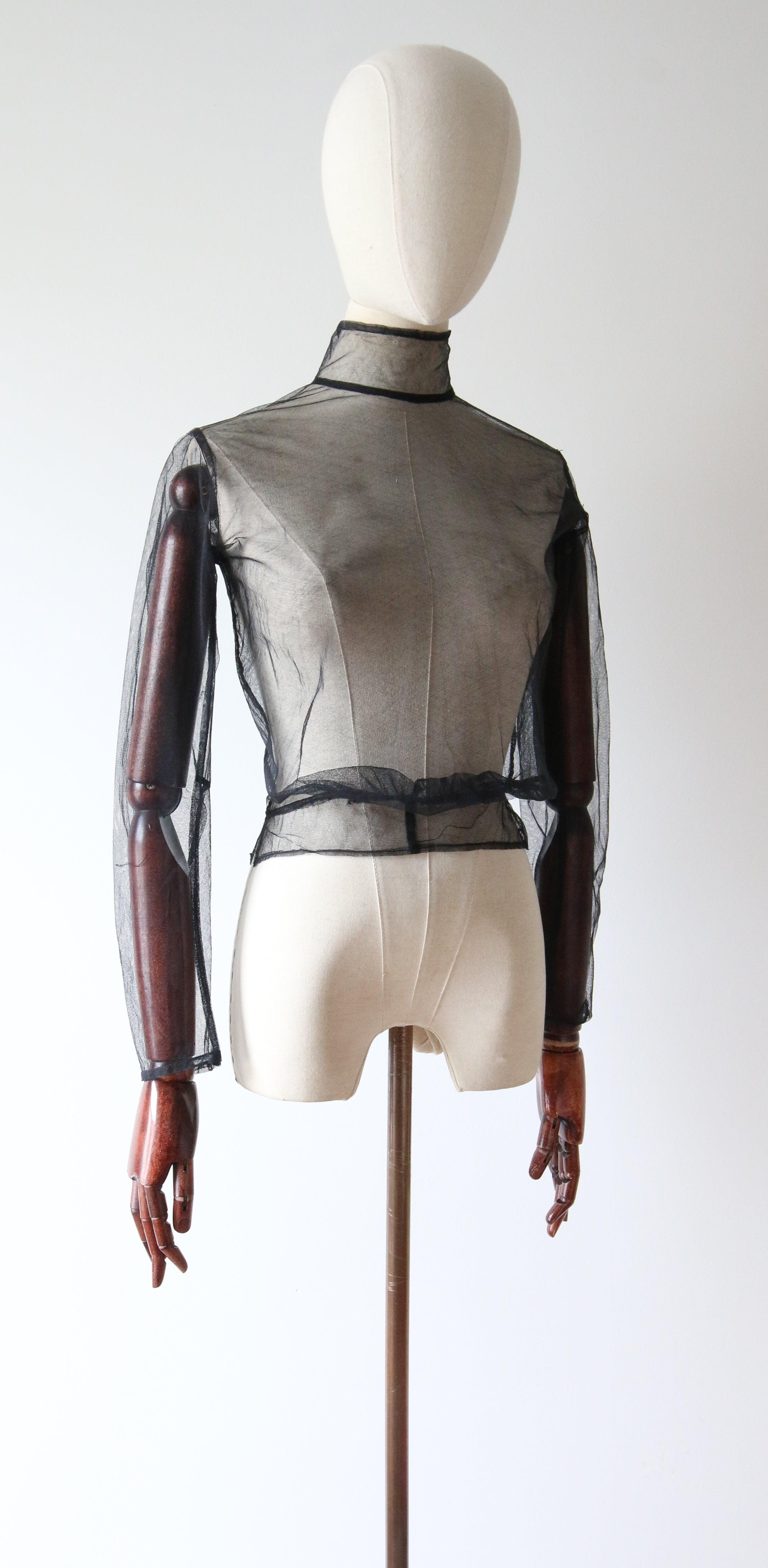 Women's or Men's Vintage 1930's Black Tulle Sheer Blouse Mandarin Collar Blouse UK 6 US 2 For Sale