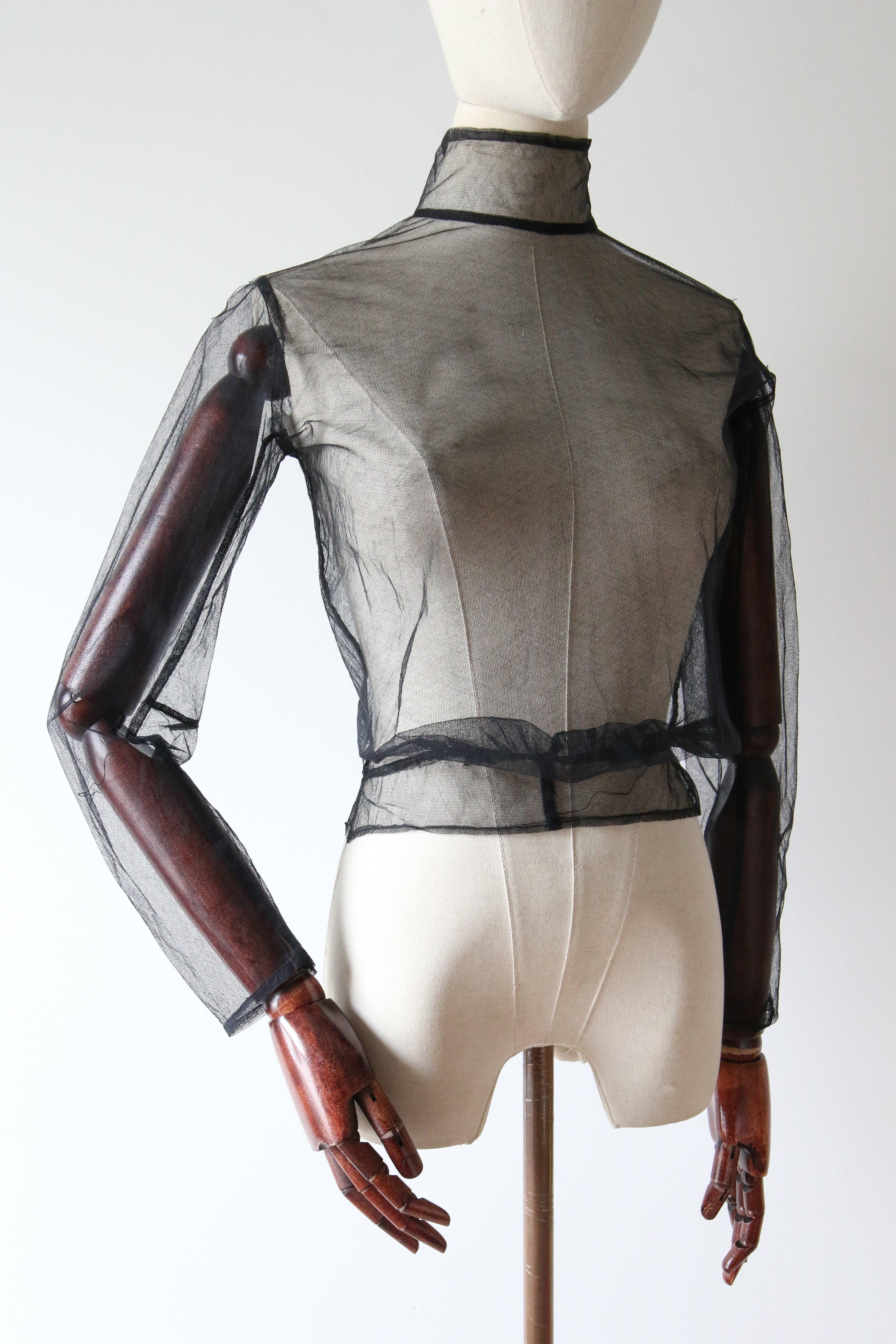 Vintage 1930's Black Tulle Sheer Blouse Mandarin Collar Blouse UK 6 US 2 For Sale 1