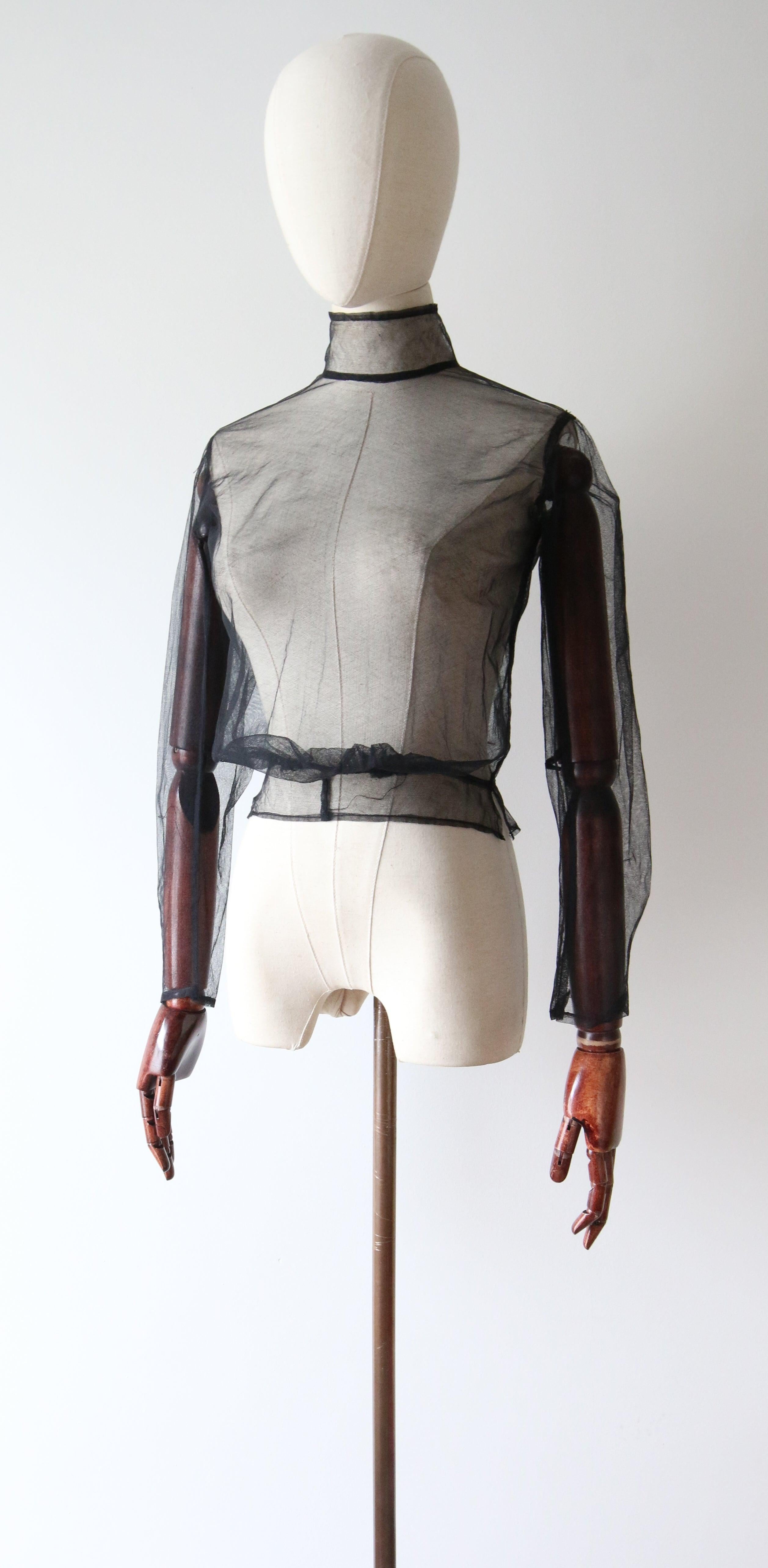 Vintage 1930's Black Tulle Sheer Blouse Mandarin Collar Blouse UK 6 US 2 For Sale 2