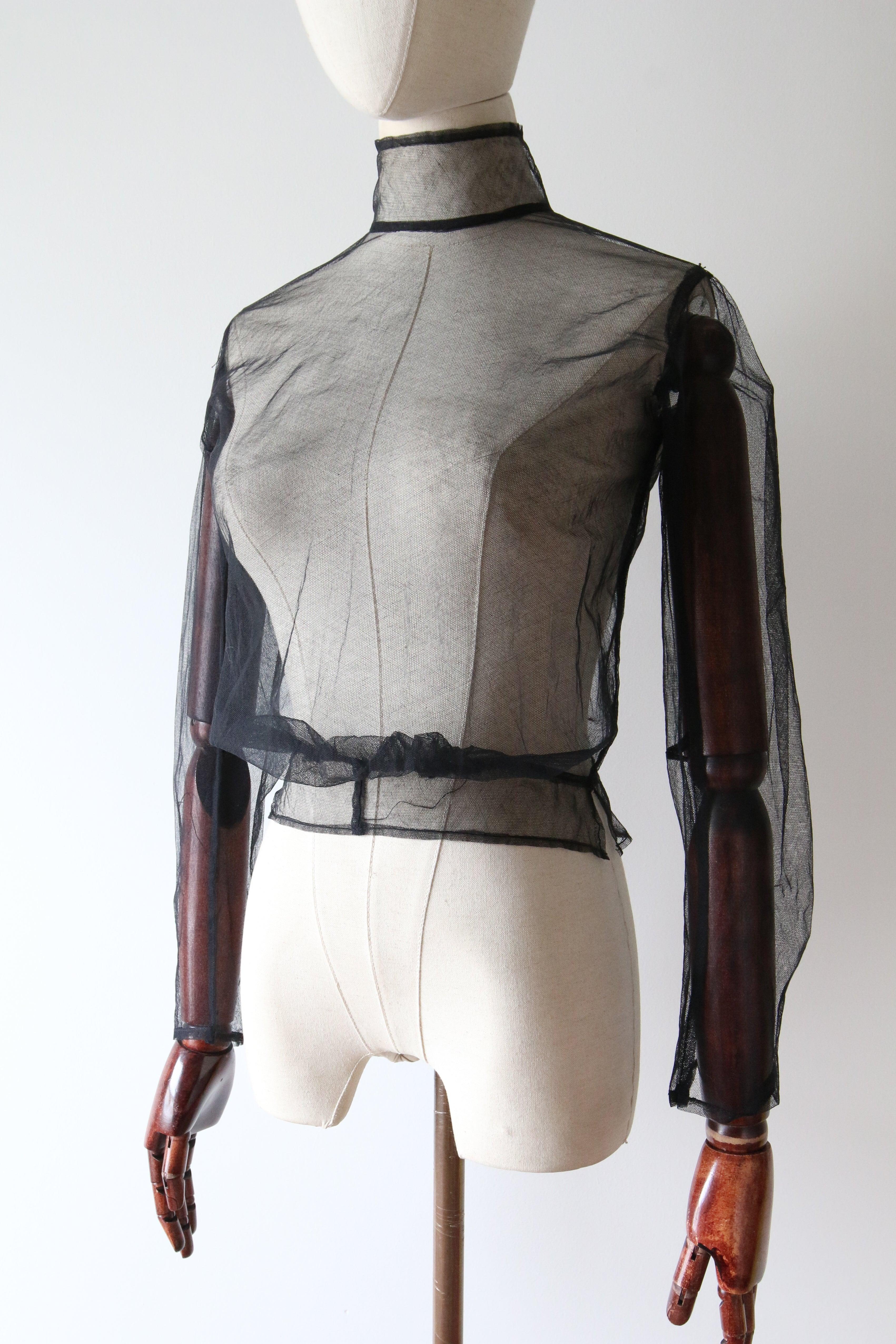 Vintage 1930's Black Tulle Sheer Blouse Mandarin Collar Blouse UK 6 US 2 For Sale 3