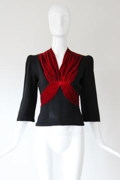 Blusa vintage años 30 Terciopelo rojo y seda negra Top UK 10 US 6