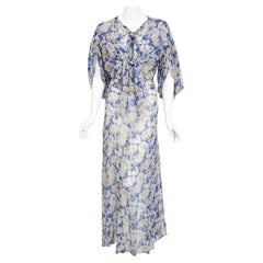 Vintage 1930's Blue Floral Chiffon Bias Cut Gown & Winged-Sleeve Smocked Bolero