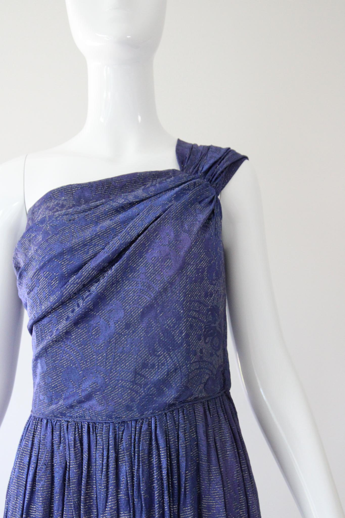 Purple Vintage 1930's evening gown Silver Lamé Silk Gown one shoulder dress UK 8 US 4 For Sale