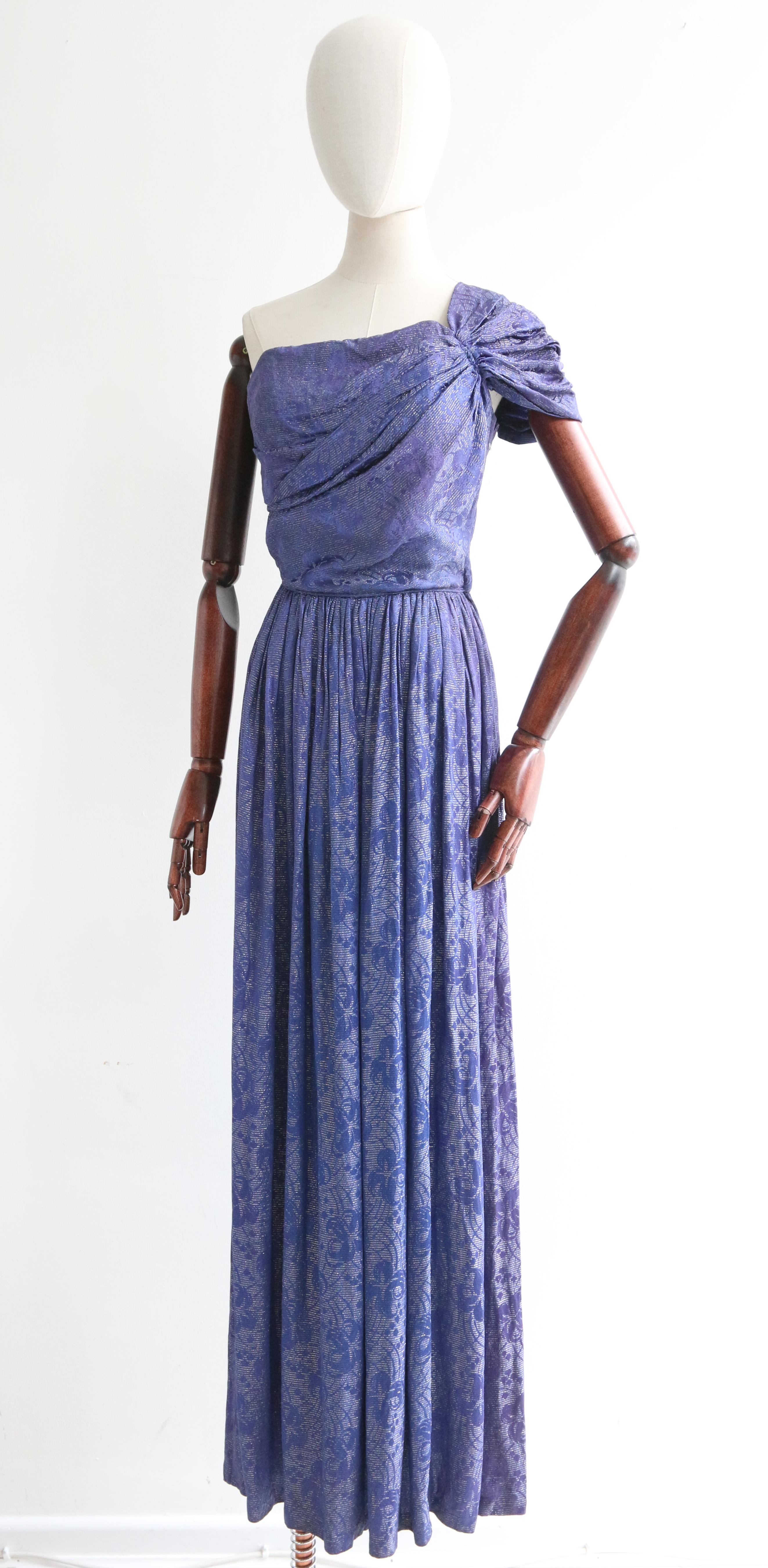 De las mujeres Vestido de noche de seda azul floral de lamé plateado vintage de los años 30 vestido de un hombro UK 8 en venta