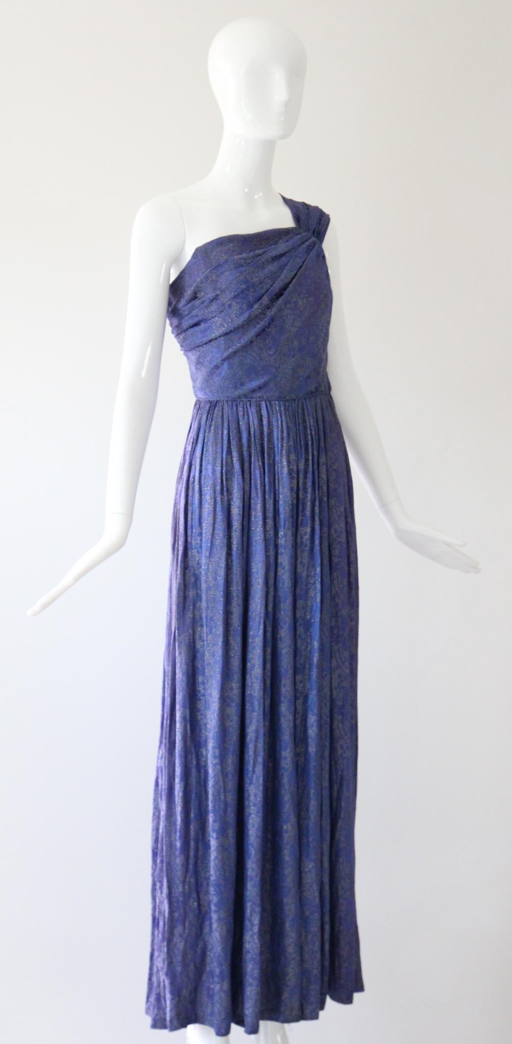 Women's Vintage 1930's evening gown Silver Lamé Silk Gown one shoulder dress UK 8 US 4 For Sale