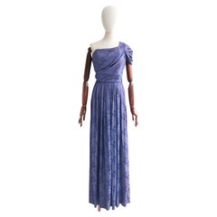 Vintage 1930's blue floral silk silver lamé evening gown one shoulder dress UK 8