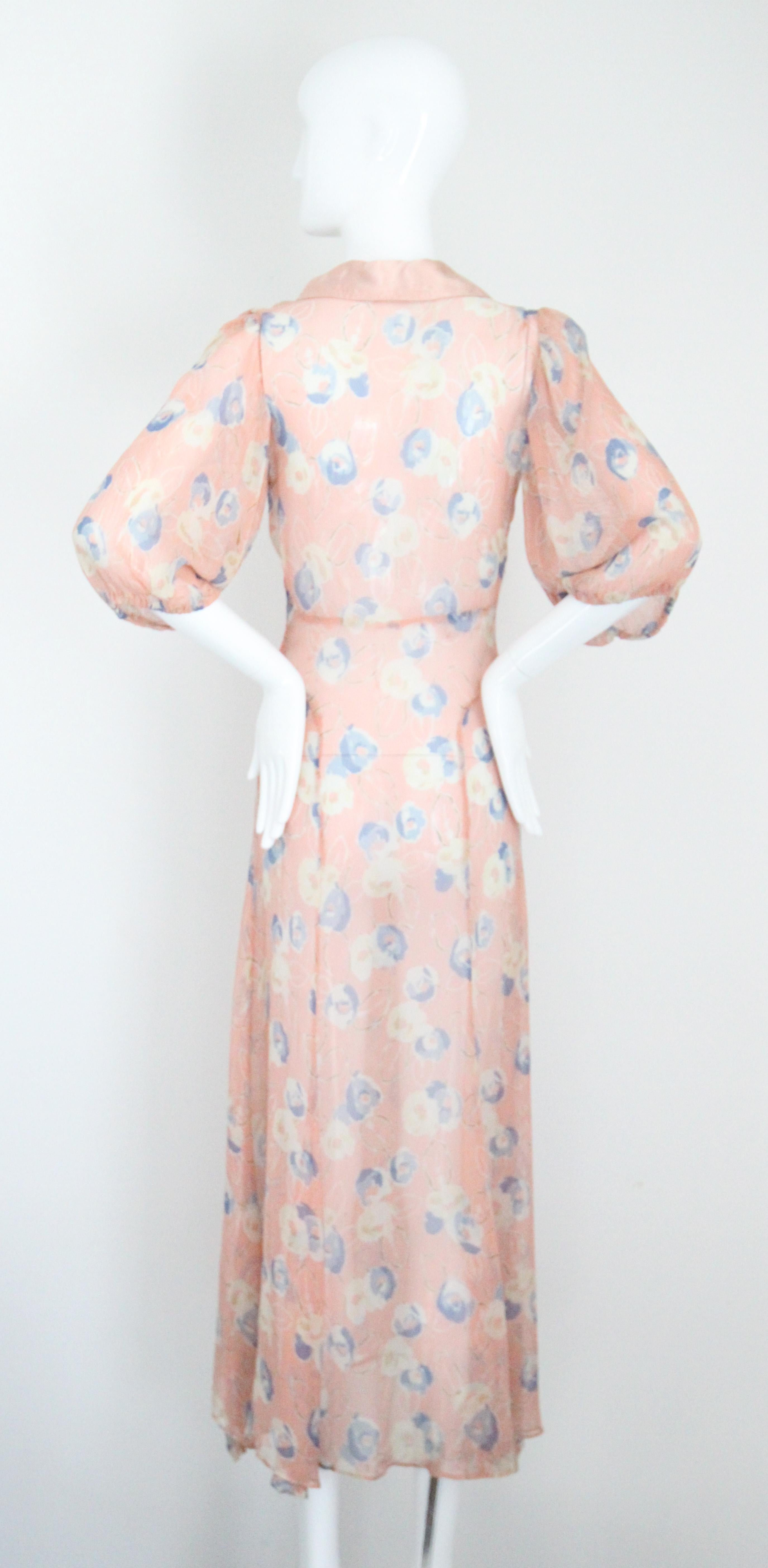 Vintage 1930's Blush Pink Blue Floral Day Dress Bow 1930s Rayon Dress UK 8 US 4 For Sale 5