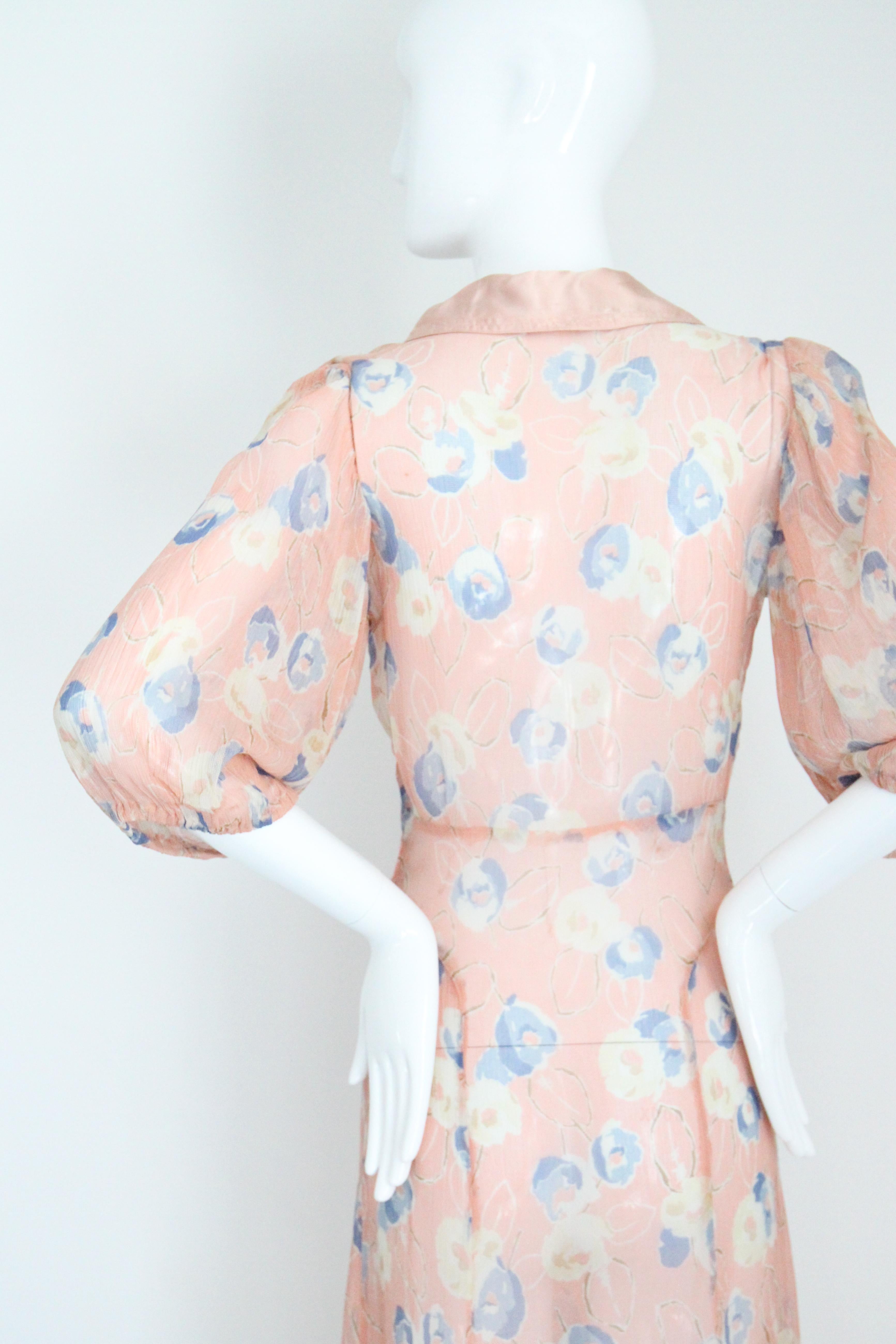 Vintage 1930's Blush Pink Blue Floral Day Dress Bow 1930s Rayon Dress UK 8 US 4 For Sale 6