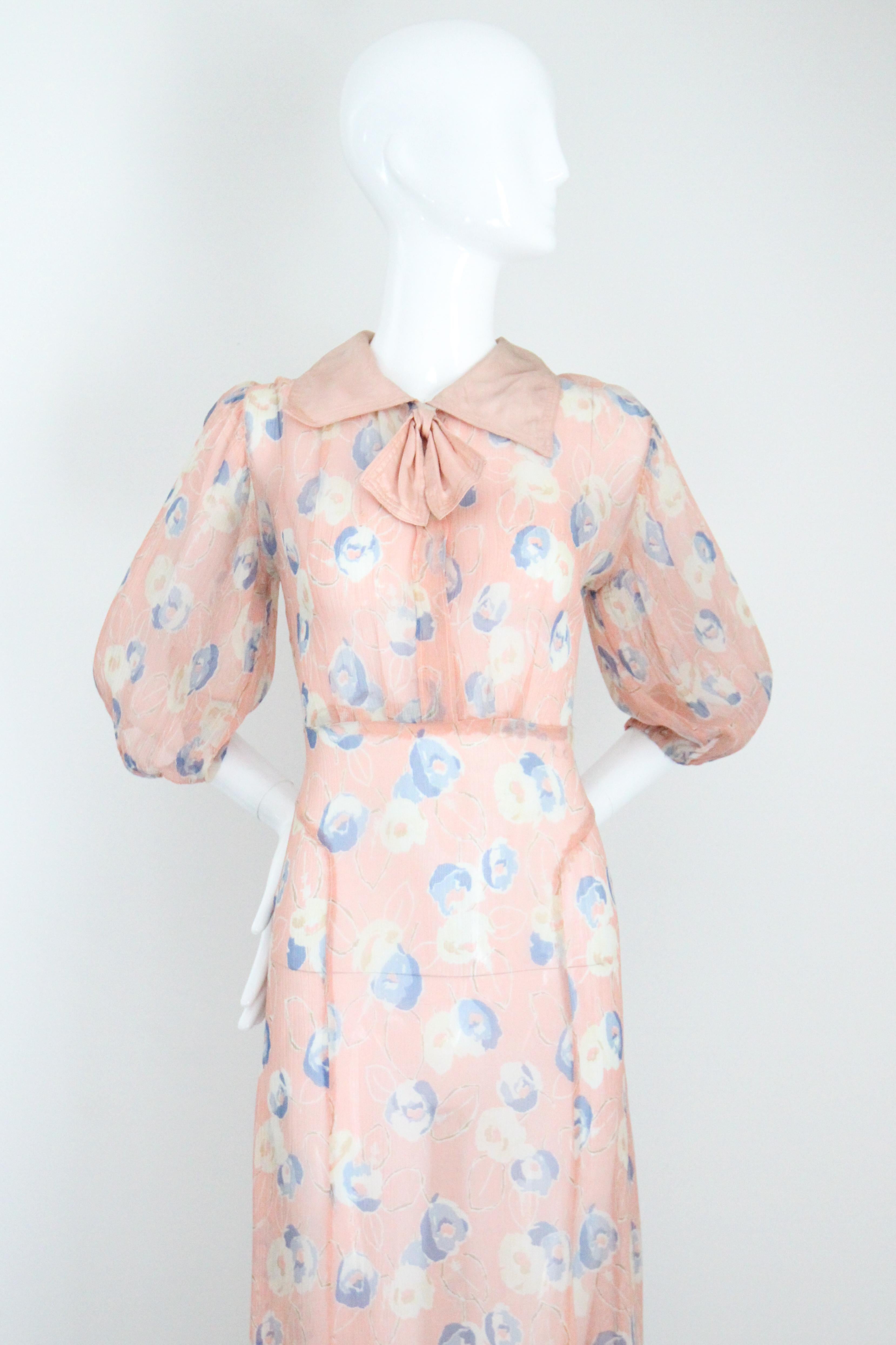 Beige Vintage 1930's Blush Pink Blue Floral Day Dress Bow 1930s Rayon Dress UK 8 US 4 For Sale